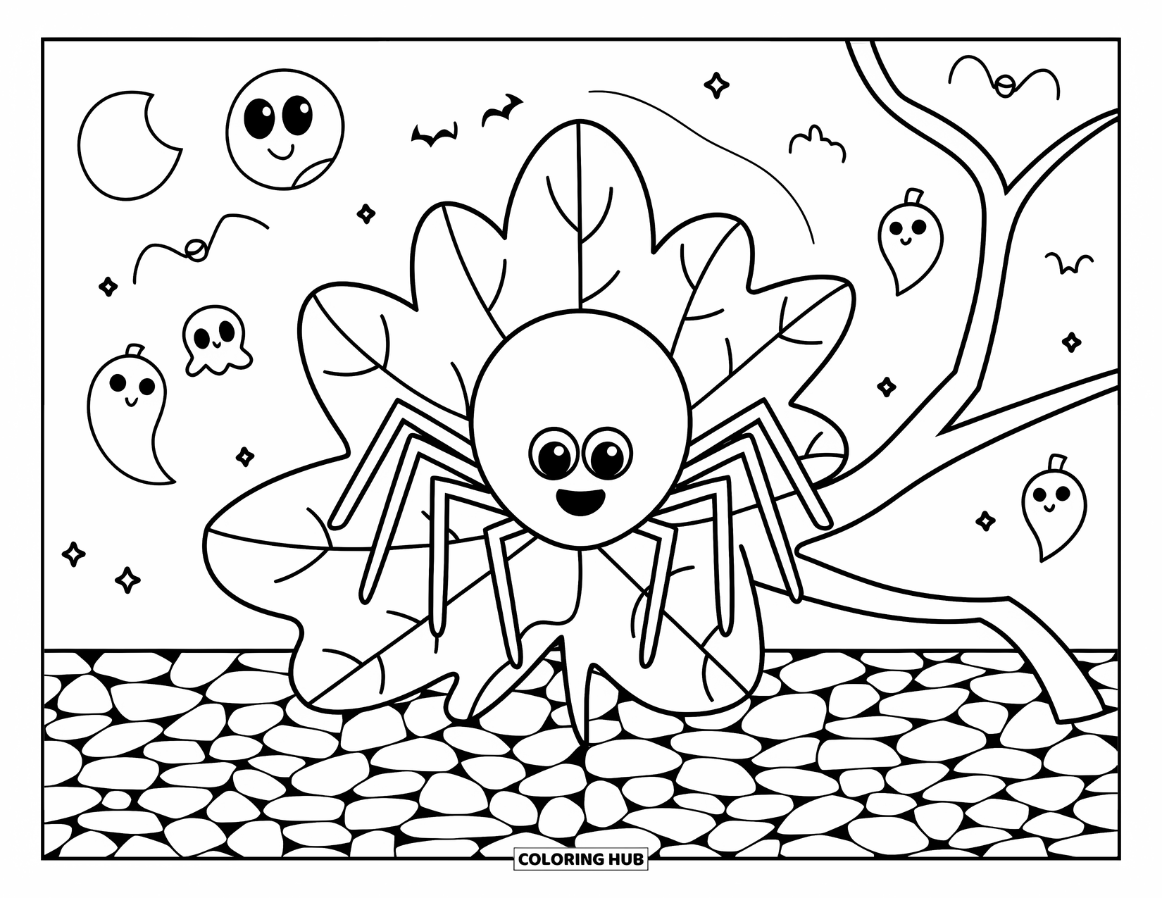 Halloween Spider Coloring Page for Kids: A spider rests on a leaf near pumpkins and tiny ghost details