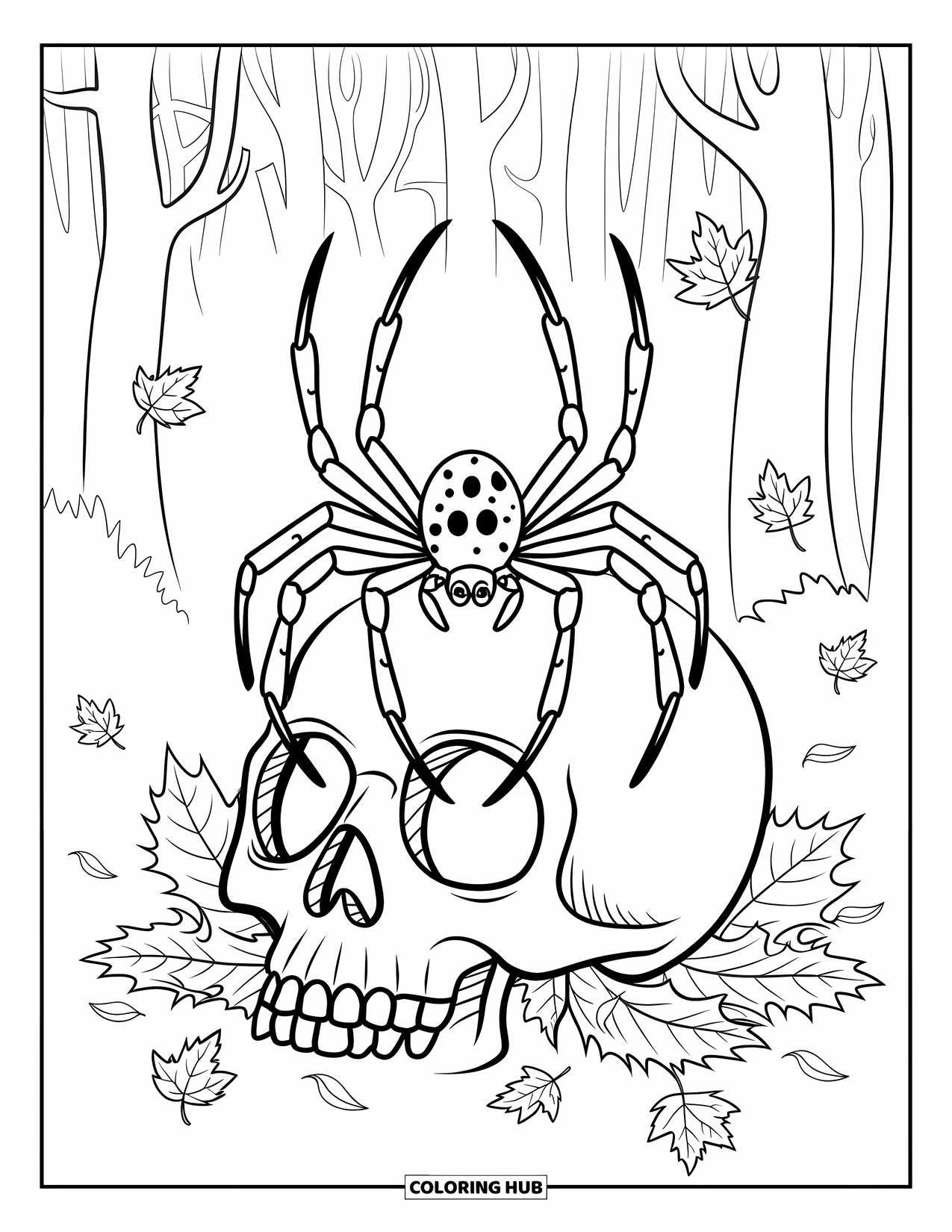 Halloween Spider Coloring Page for Kids: A spider rests on a skull with falling leaves in a haunted forest