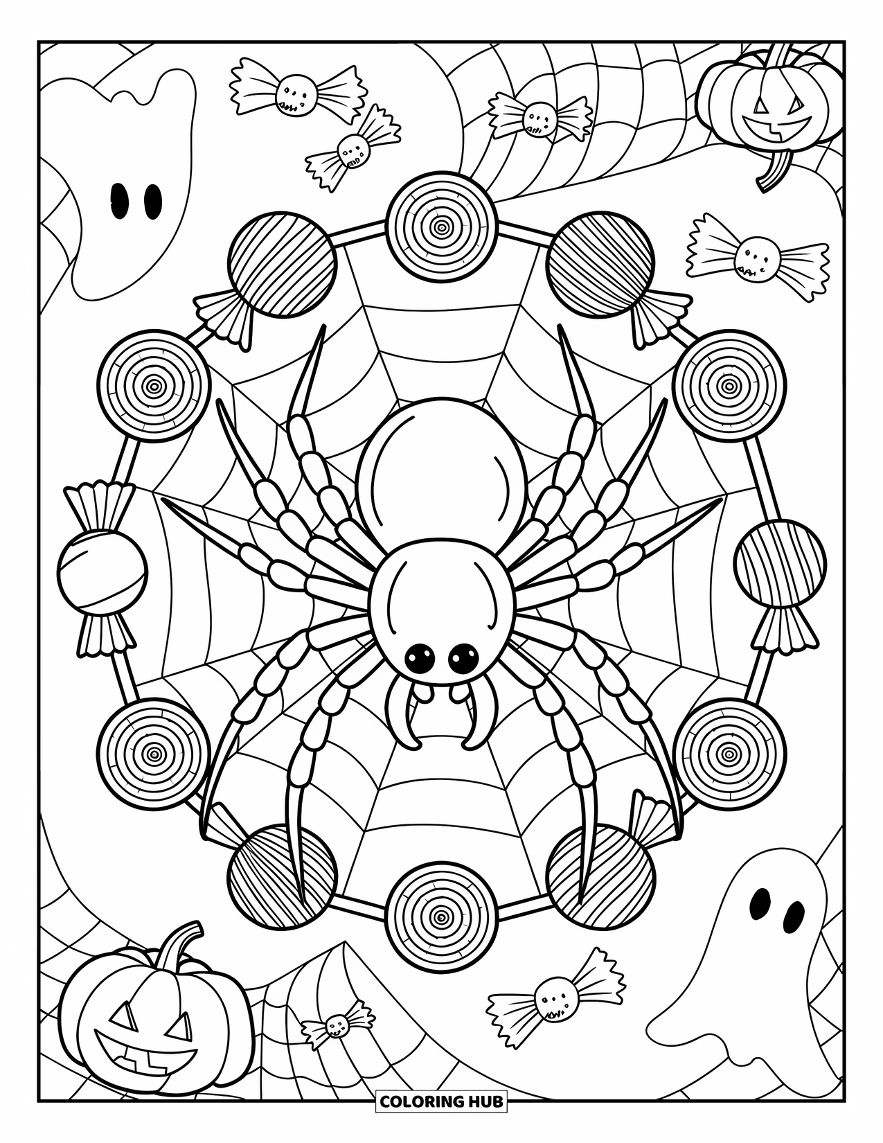Halloween Spider Coloring Page for Kids: A spider rests on a web surrounded by candy and flying bats