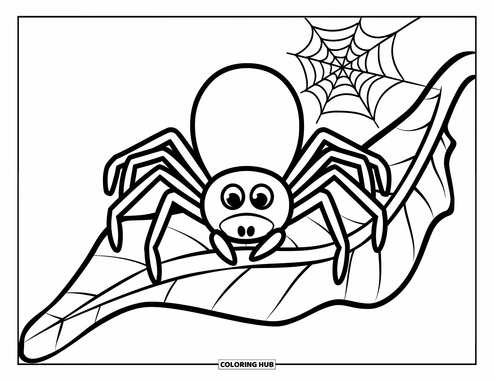 Halloween Spider Coloring Page for Kids: A spider rests peacefully on a leaf with a web on a twig