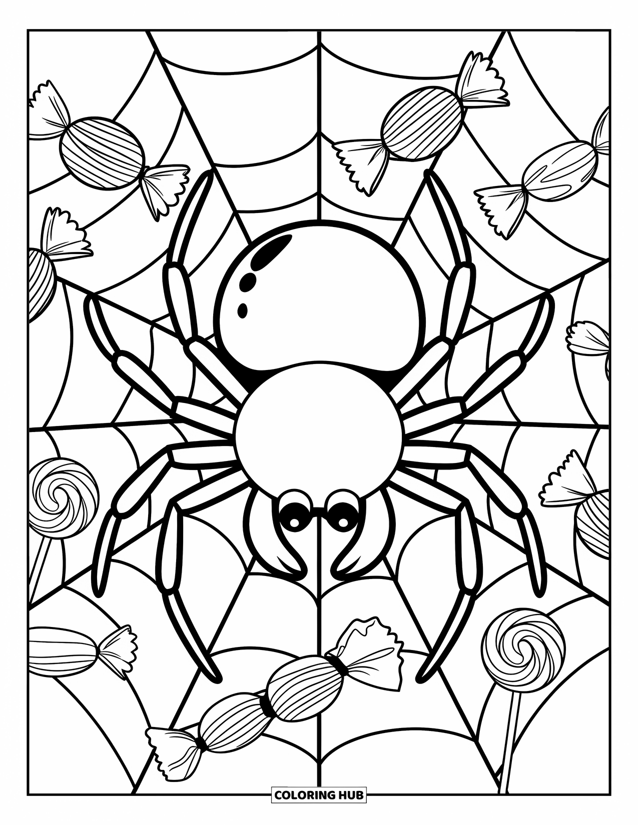 Halloween Spider Coloring Page for Kids: A spider sits among wrapped candy and swirly lollipops