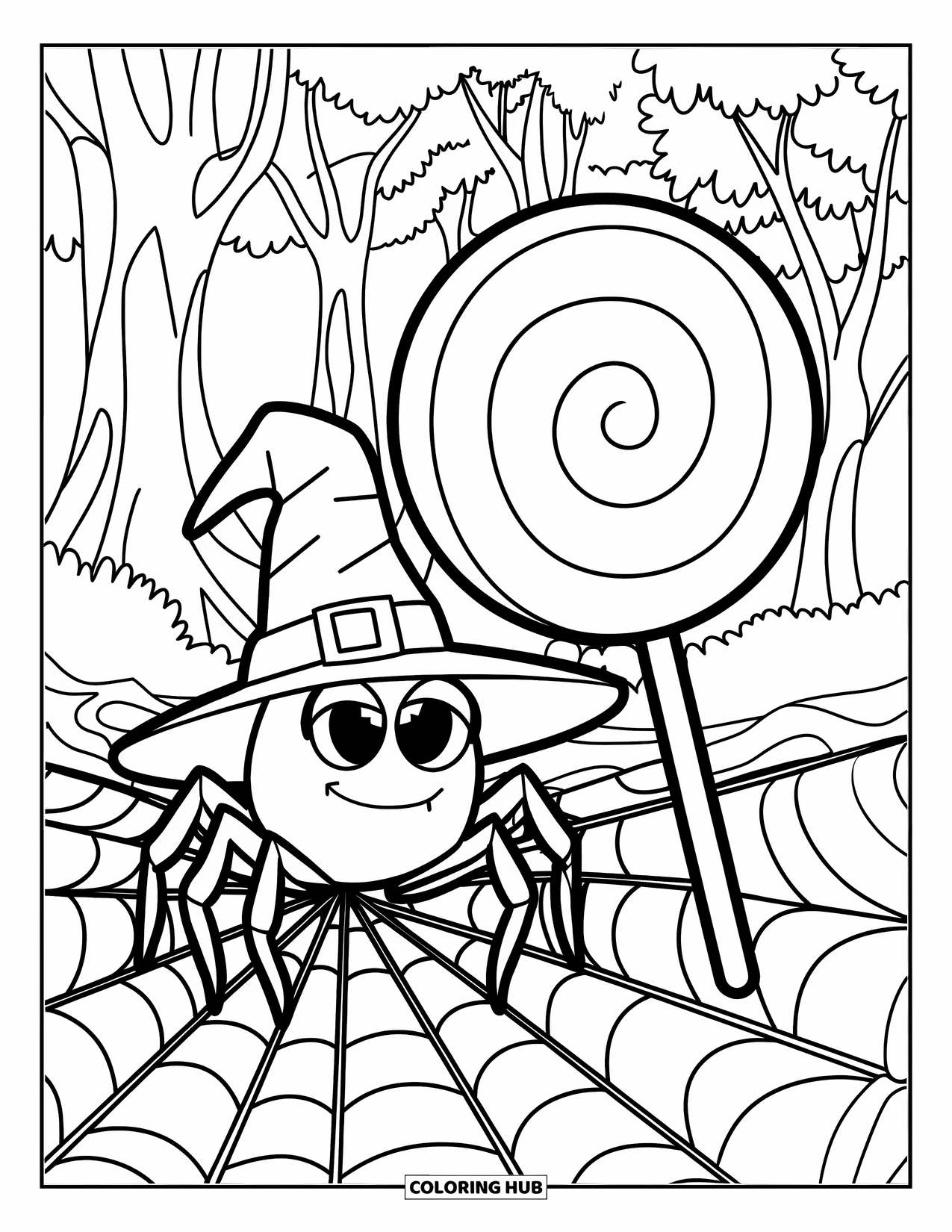 Halloween Spider Coloring Page for Kids: A spider sits beside a lollipop on a branch in a spooky forest