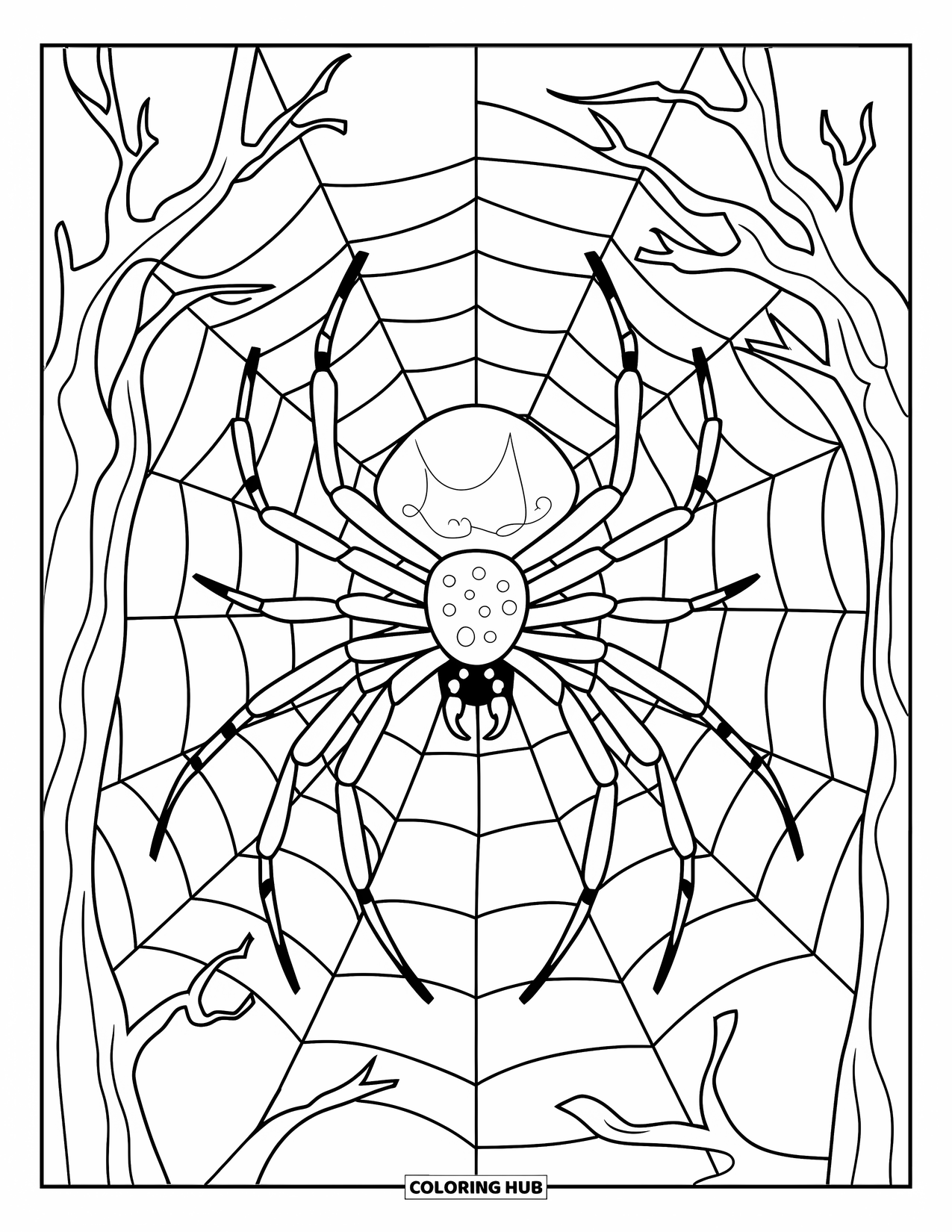 Halloween Spider Coloring Page for Kids: A spider sits in a full web stretched between bare tree branches