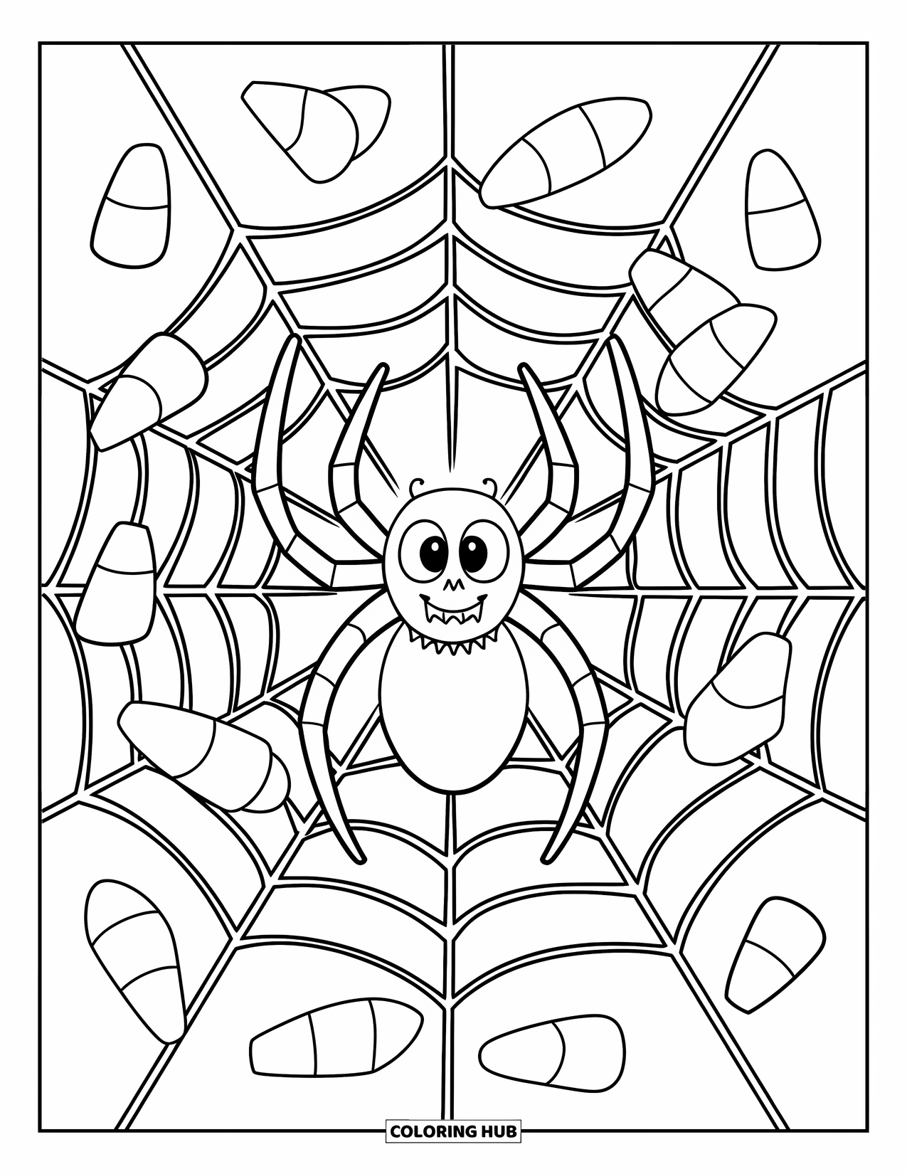 Halloween Spider Coloring Page for Kids: A spider sits in a web filled with candy corn