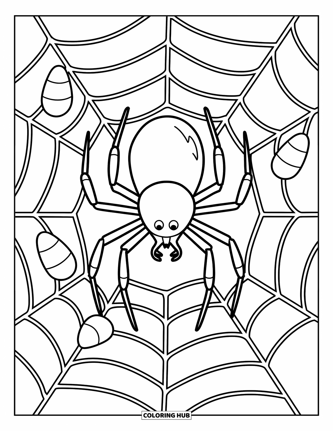Halloween Spider Coloring Page for Kids: A spider sits in the center of a web with candy corn stuck to it