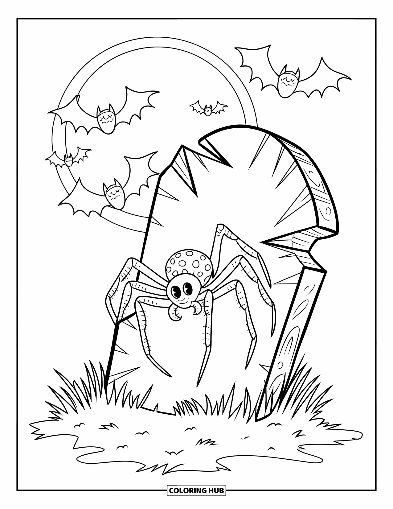 Halloween Spider Coloring Page for Kids: A spider sits on a cracked gravestone under a full moon