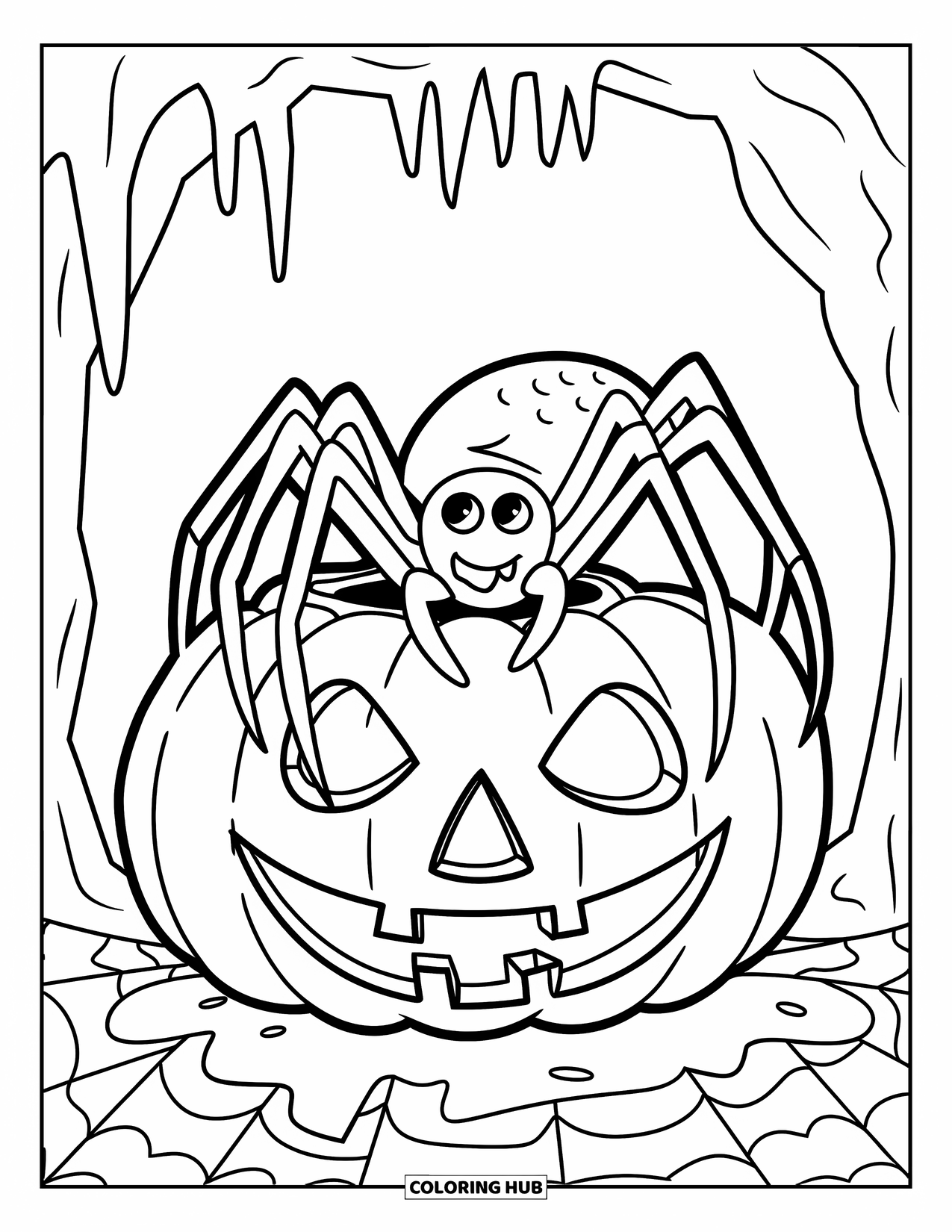 Halloween Spider Coloring Page for Kids: A spider sits on a pumpkin with a wide grin inside a dark cave