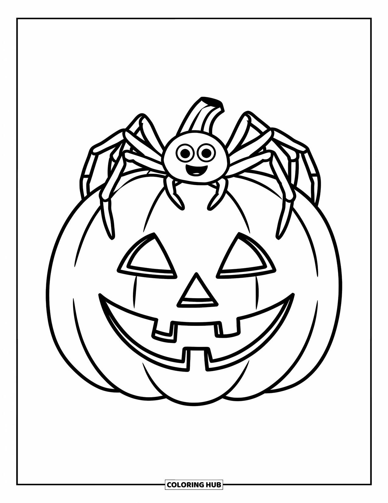 Halloween Spider Coloring Page for Kids: A spider sits on top of a jack-o'-lantern with a friendly carved face