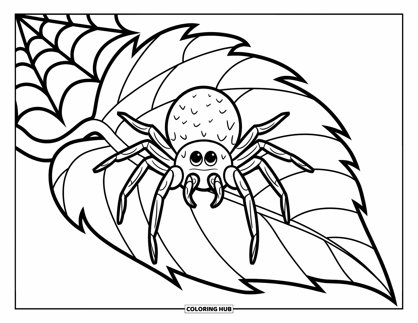 Halloween Spider Coloring Page for Kids: A spider sits quietly on a bold leaf with a tiny web nearby