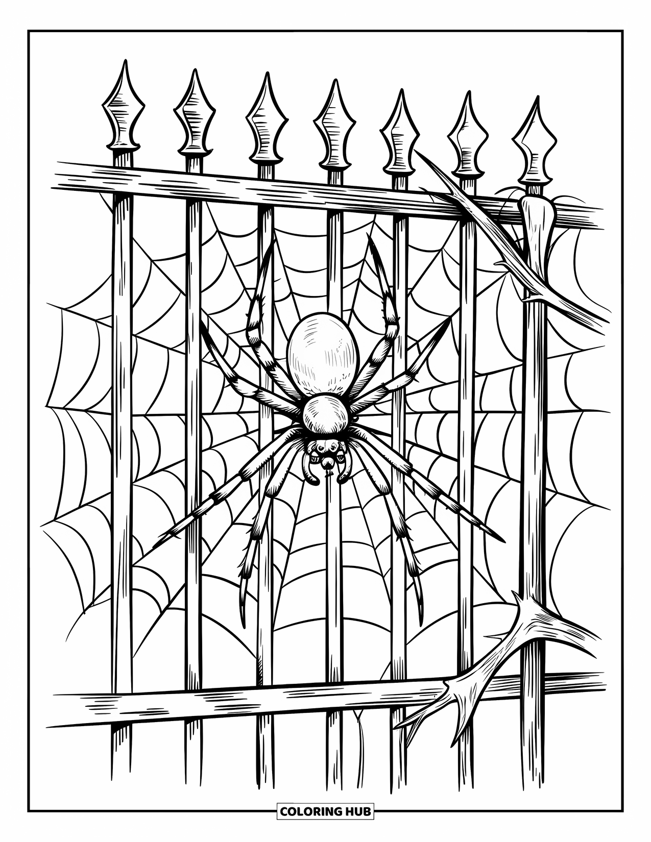Halloween Spider Coloring Page for Kids: A spider spins a detailed web over a spiky, rusted gate