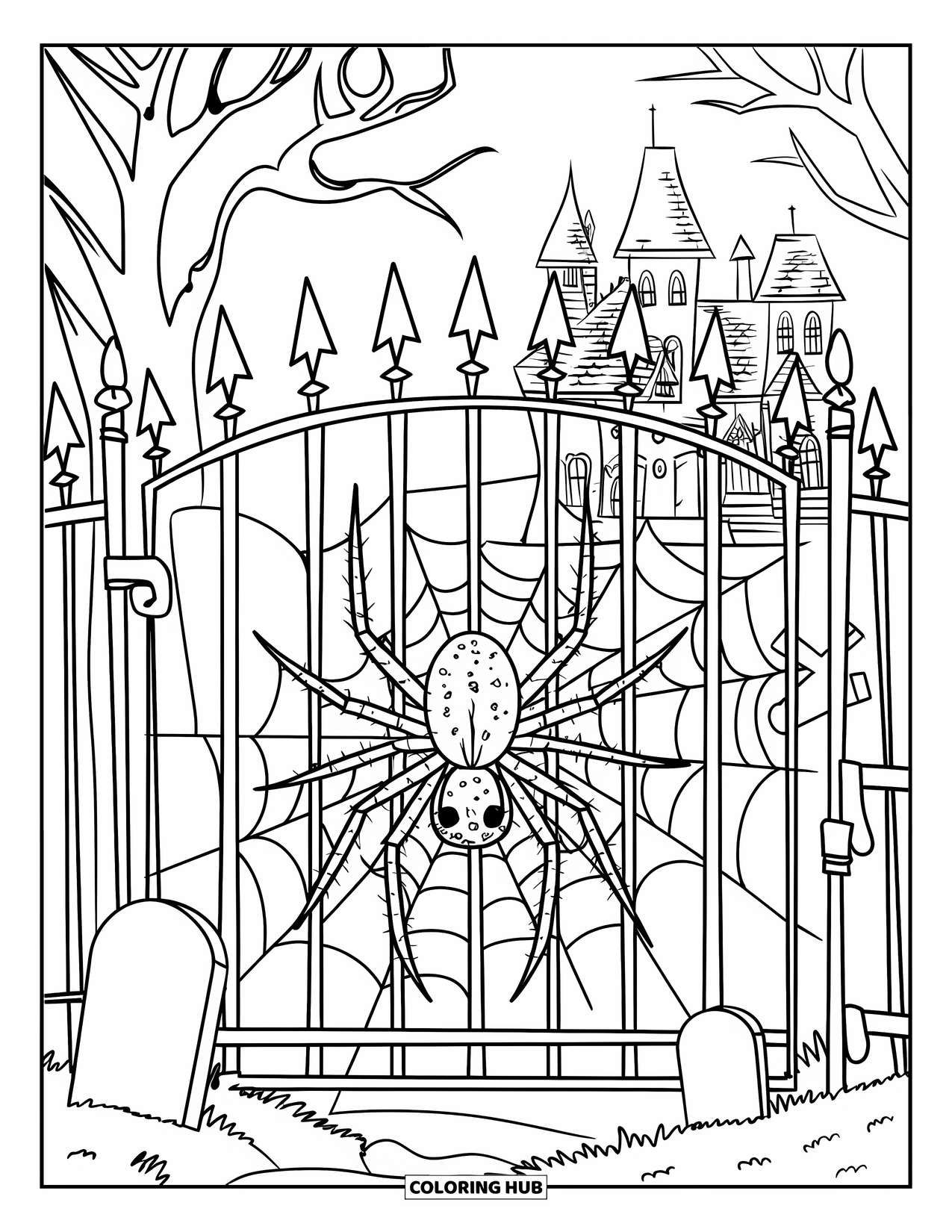 Halloween Spider Coloring Page for Kids: A spider weaves a web above a graveyard gate near a haunted mansion
