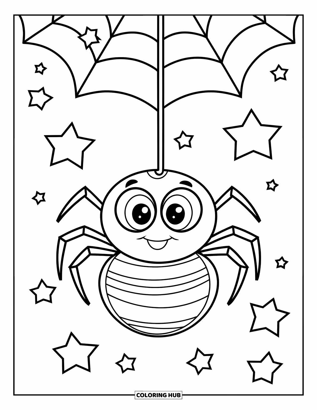 Halloween Spider Coloring Page for Kids: A sweet spider dangles from a strand with stars twinkling around it