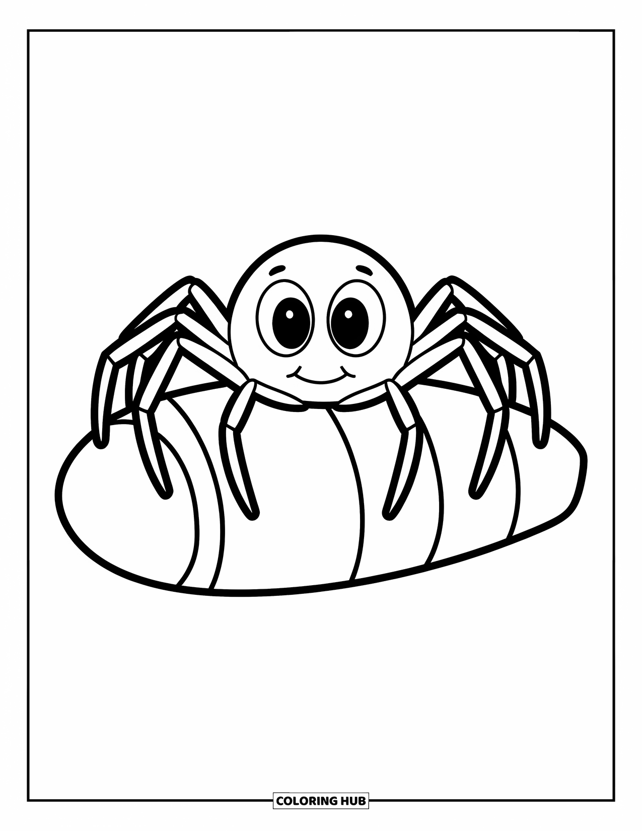 Halloween Spider Coloring Page for Kids: A sweet spider with big eyes rests on a candy corn