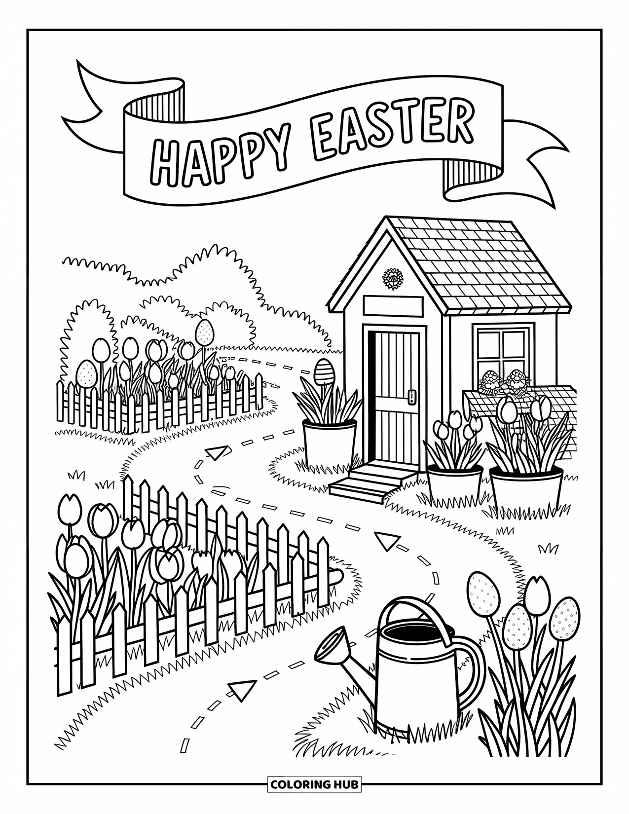 Happy Easter Coloring Page for Adults: Arrows and trails wind past tulips, bushes, and eggs in this cheerful Easter garden