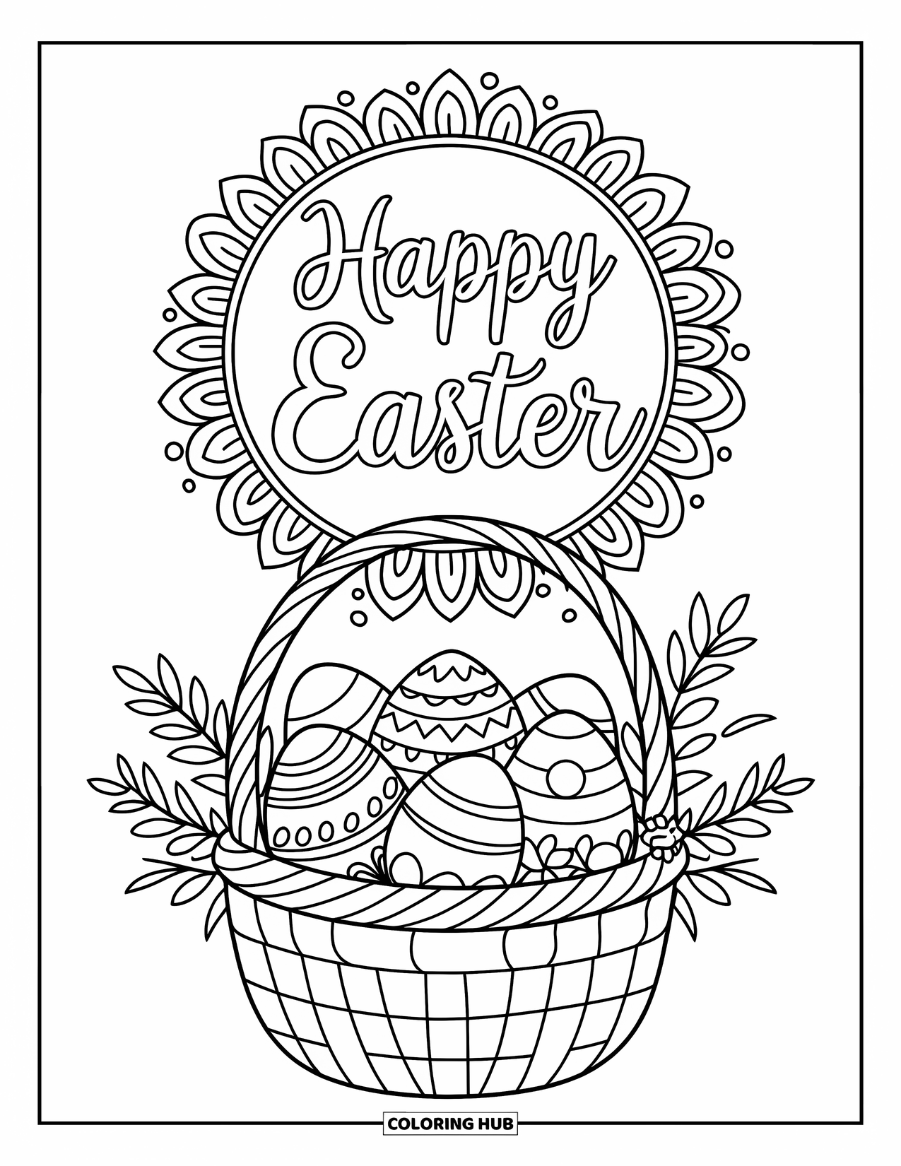 Happy Easter Coloring Page for Adults: Basket of eggs and spring flowers with "Happy Easter" above in a detailed mandala