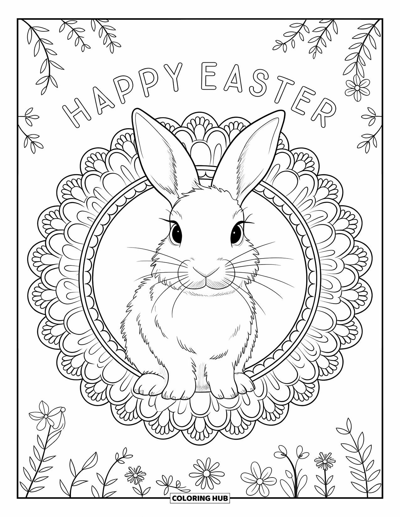 Happy Easter Coloring Page for Adults: Bunny in a calm pose under the words "Happy Easter" surrounded by soft floral lines