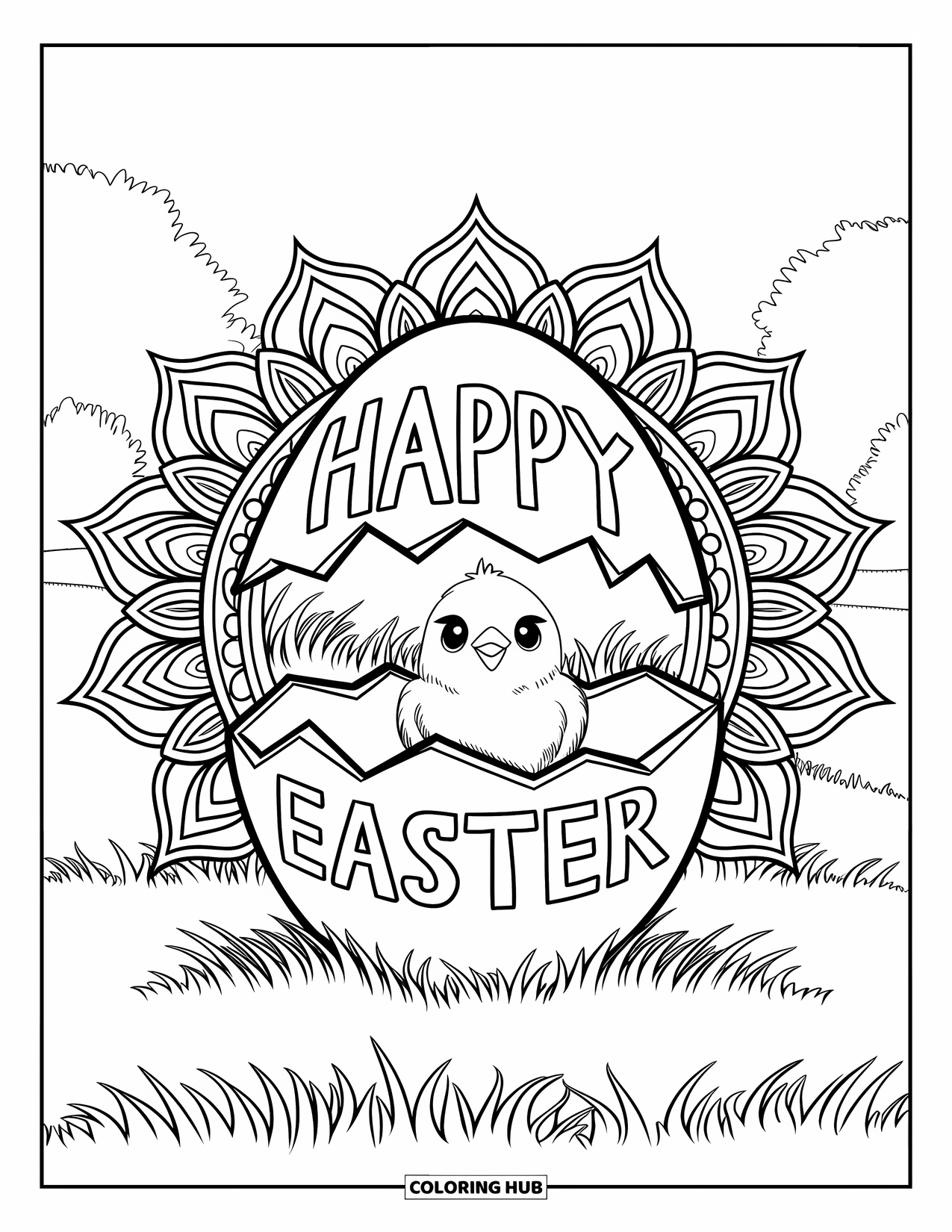 Happy Easter Coloring Page for Adults: Chick peeks from a cracked egg that says "Happy Easter" in a floral mandala