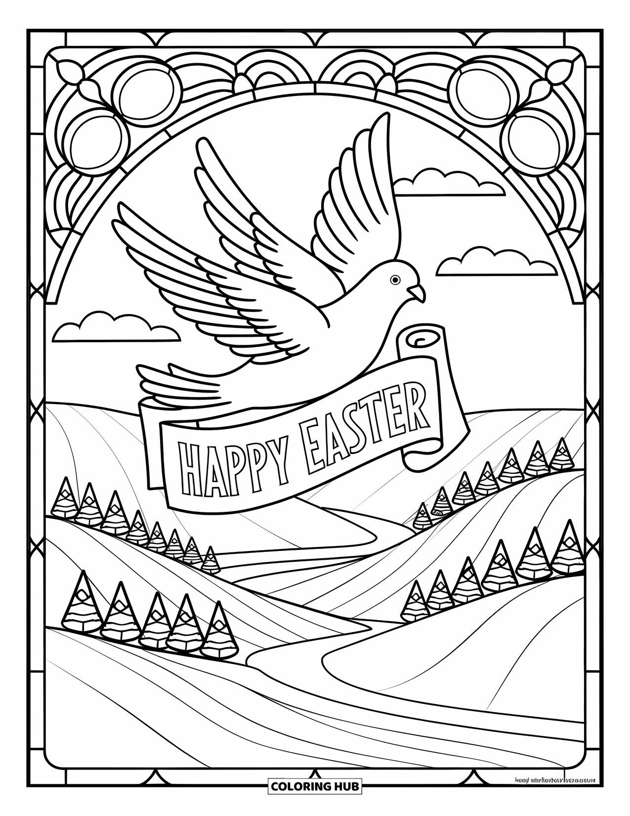 Happy Easter Coloring Page for Adults: Dove flies over hills and river holding a "Happy Easter" scroll in stained glass