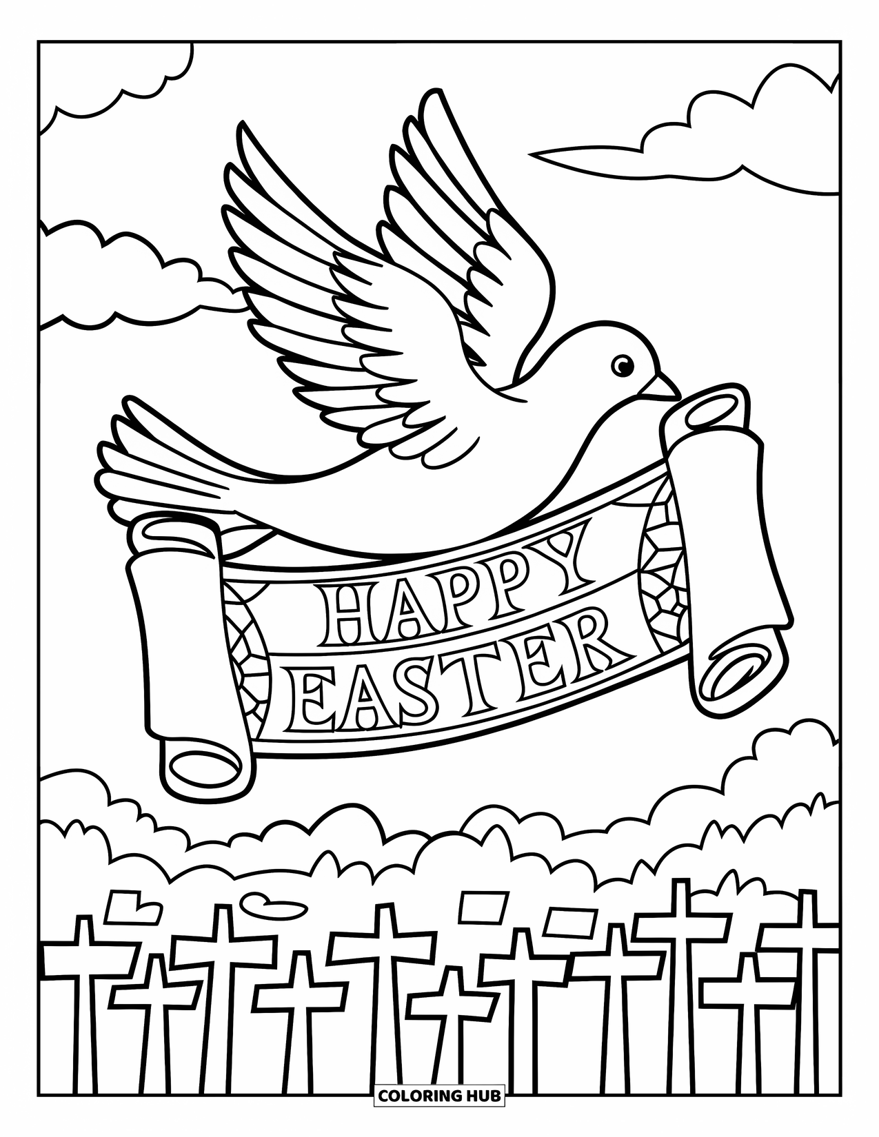 Happy Easter Coloring Page for Adults: Dove soars above crosses holding a scroll that says "Happy Easter"