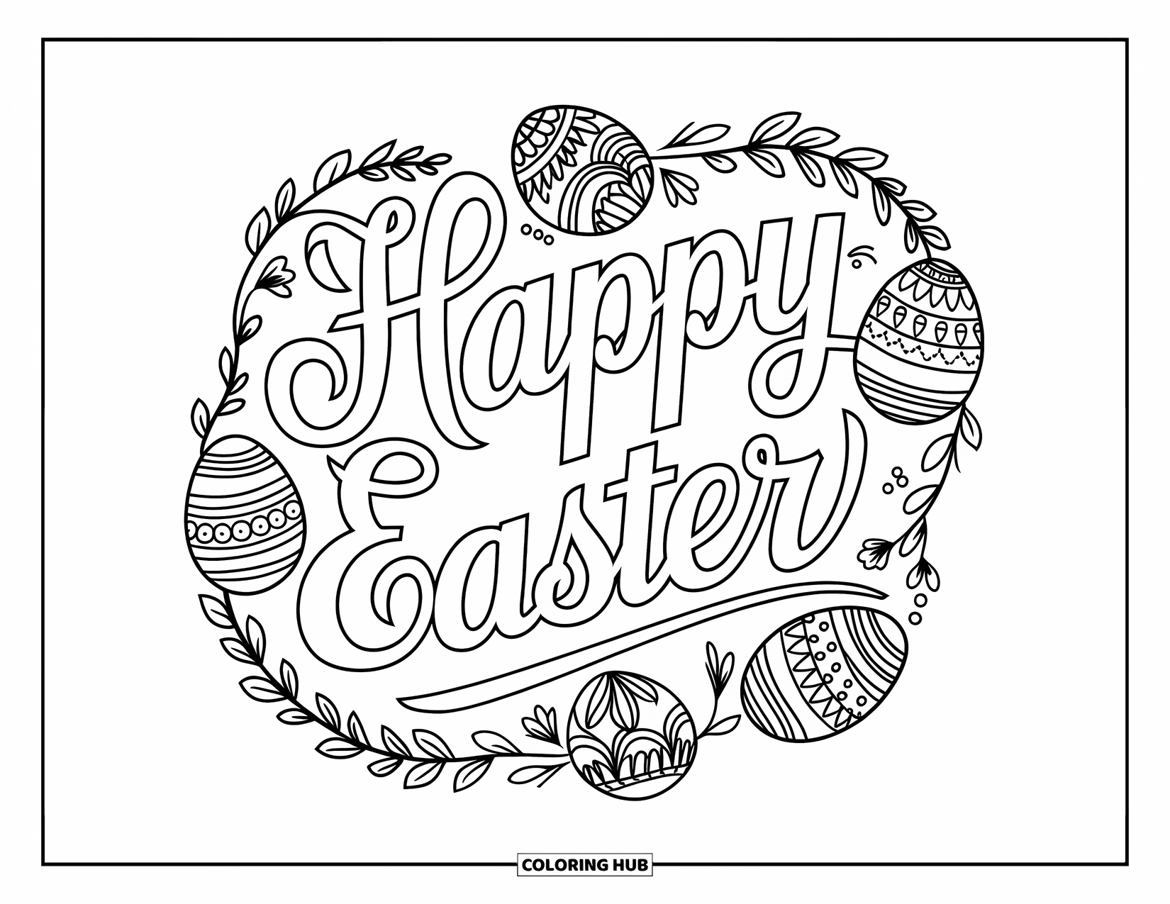 Happy Easter Coloring Page for Adults: Easter greeting in fancy script surrounded by vines and patterned eggs