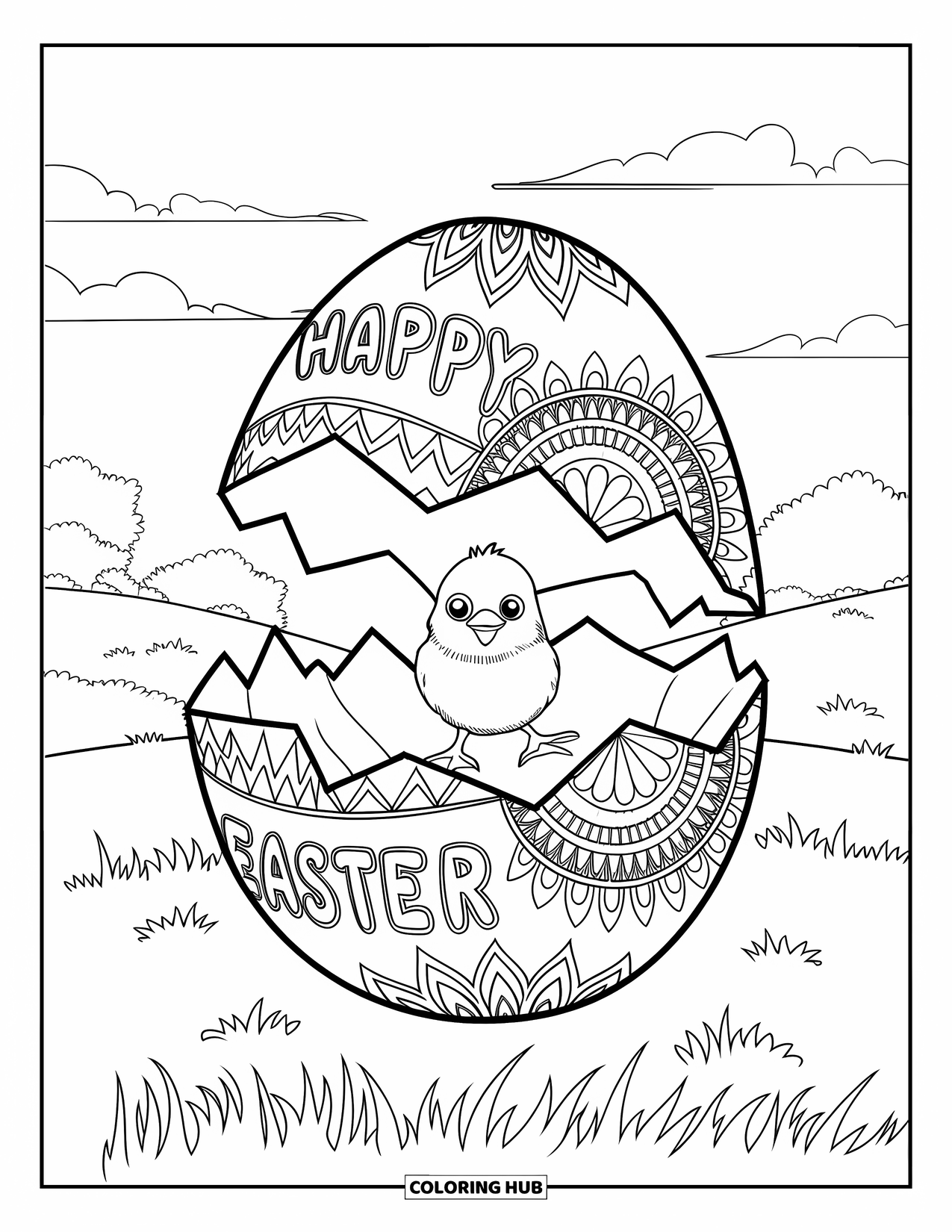 Happy Easter Coloring Page for Adults: Egg with "Happy Easter" holds a chick, surrounded by a calm floral landscape