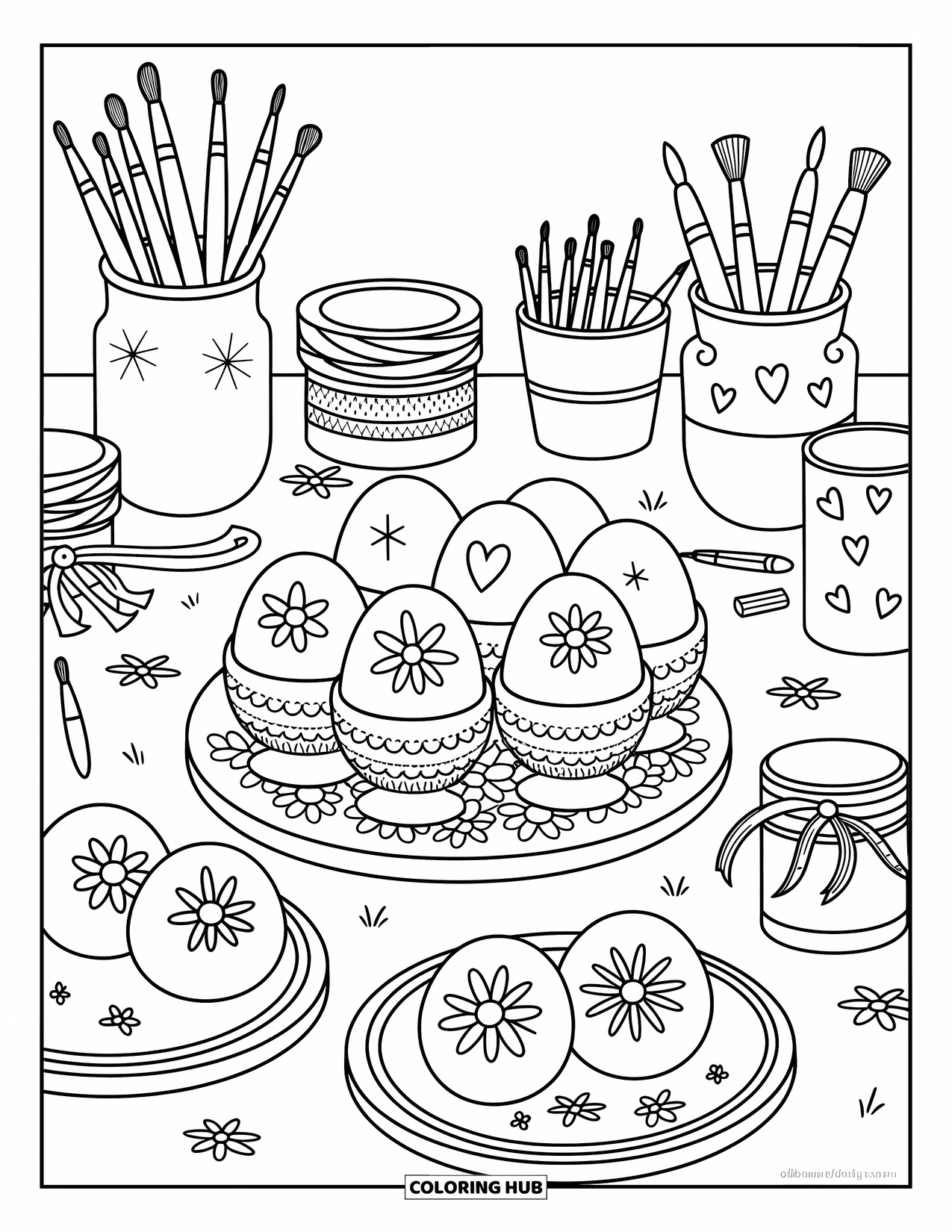 Happy Easter Coloring Page for Adults: Eggs wait to be decorated among stickers, paintbrushes, and vases on a cozy tabletop