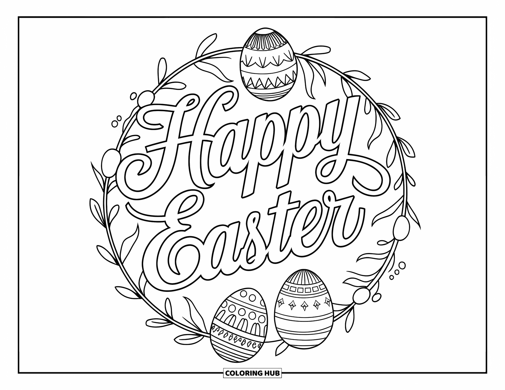 Happy Easter Coloring Page for Adults: Elegant Easter lettering circled by flowers and detailed egg patterns