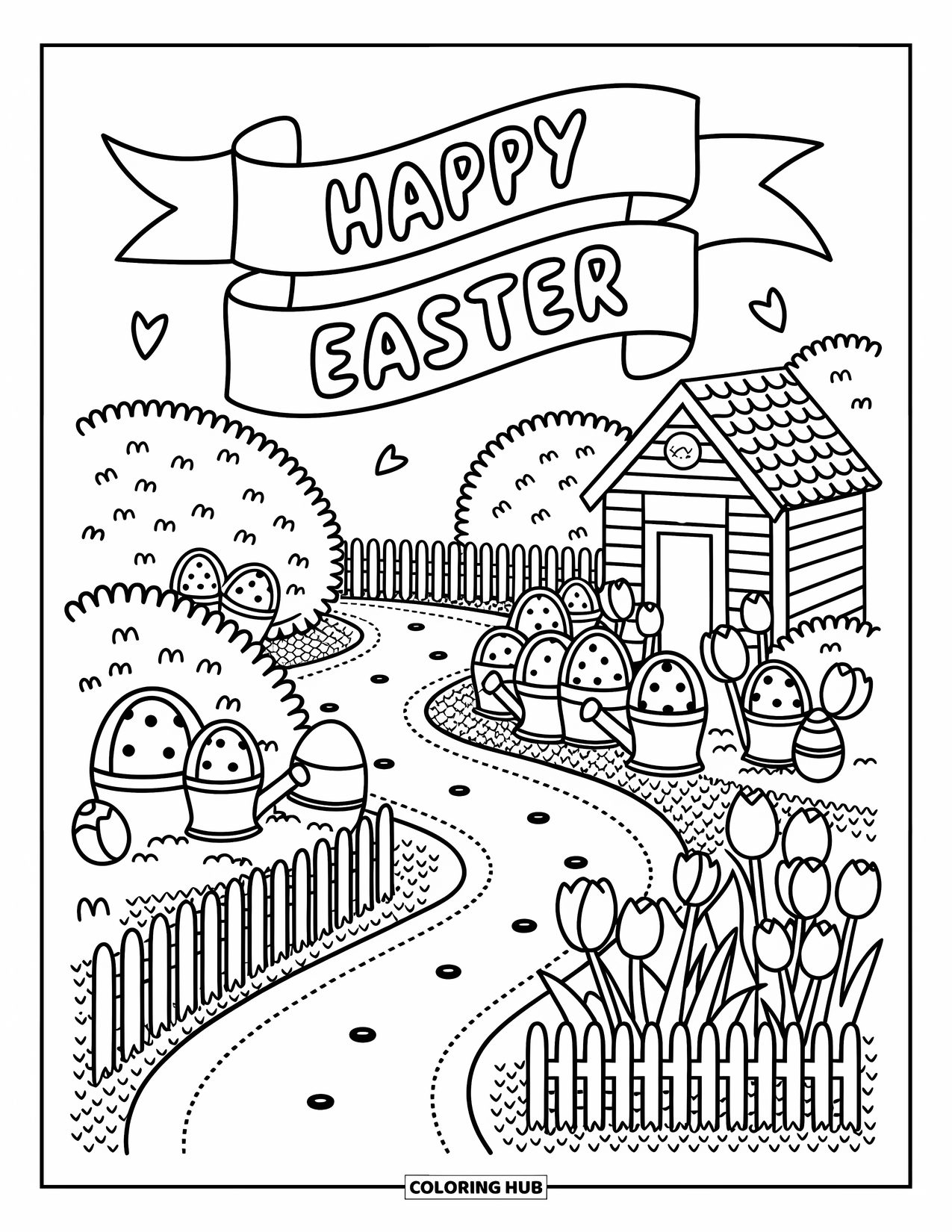 Happy Easter Coloring Page for Adults: Garden path leads to hidden eggs with a shed labeled "Easter Supplies" and a ribbon banner