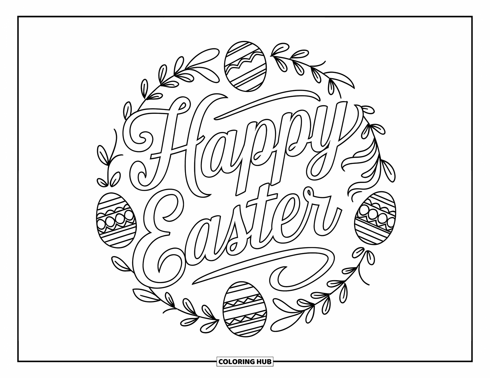Happy Easter Coloring Page for Adults: "Happy Easter" written in elegant script with floral vines and fancy egg patterns all around