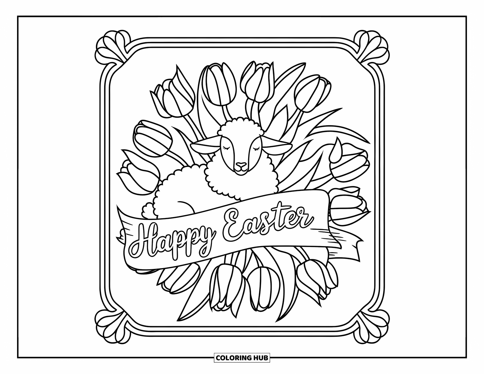 Happy Easter Coloring Page for Adults: Lamb sits in blooming tulips wrapped in a botanical "Happy Easter" mandala