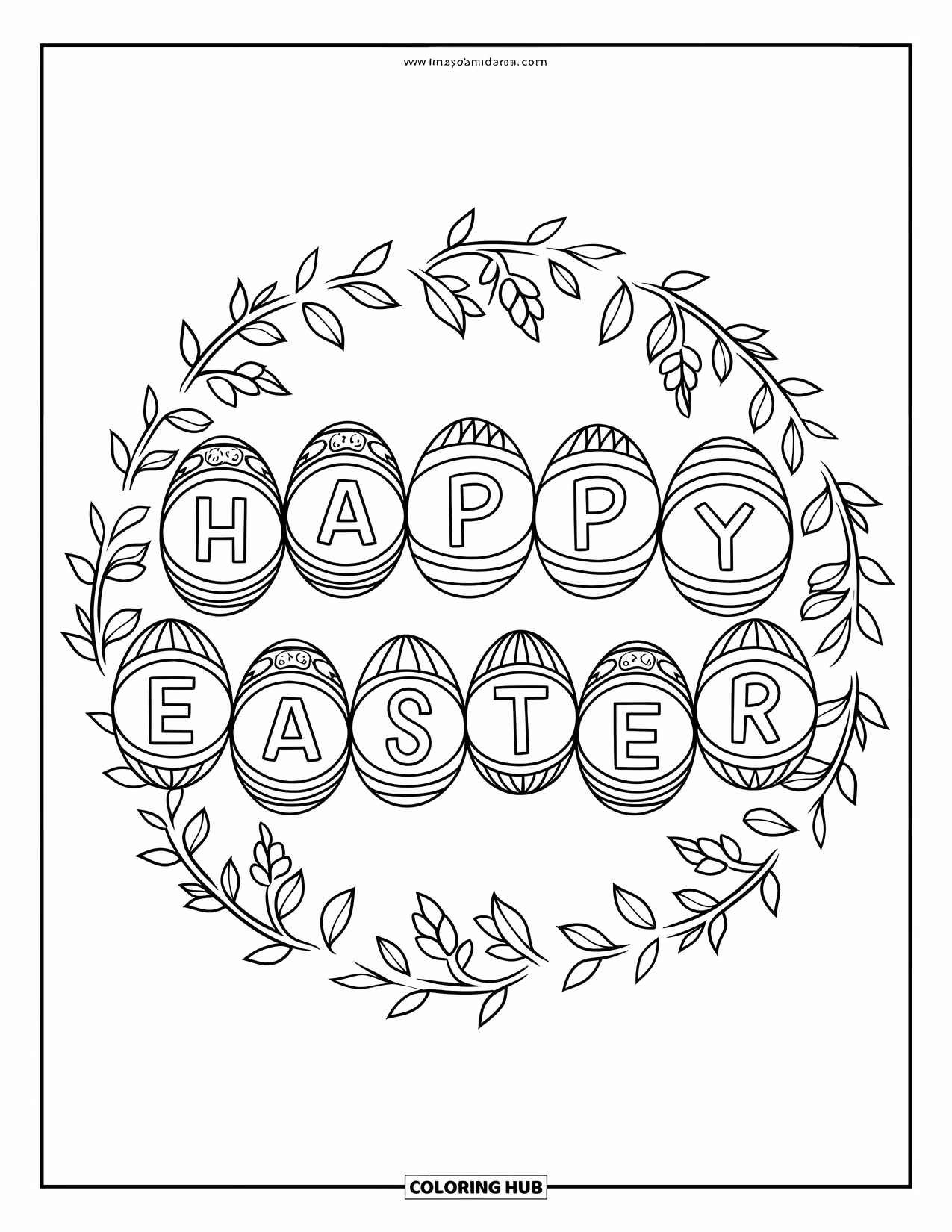 Happy Easter Coloring Page for Adults: Mandala of decorated eggs spells out "Happy Easter" in the center