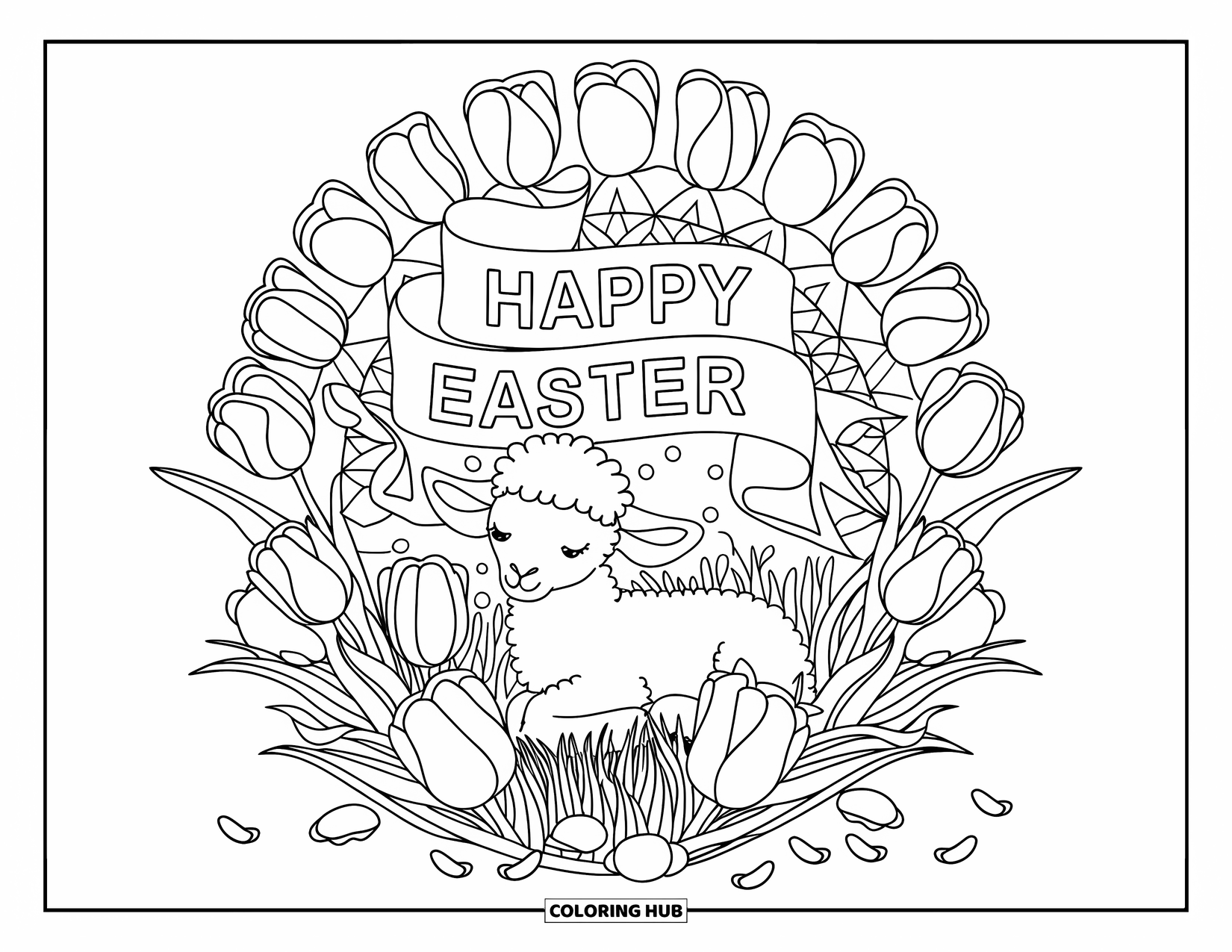 Happy Easter Coloring Page for Adults: Peaceful lamb rests in tulips beneath a mandala ribbon that says "Happy Easter"