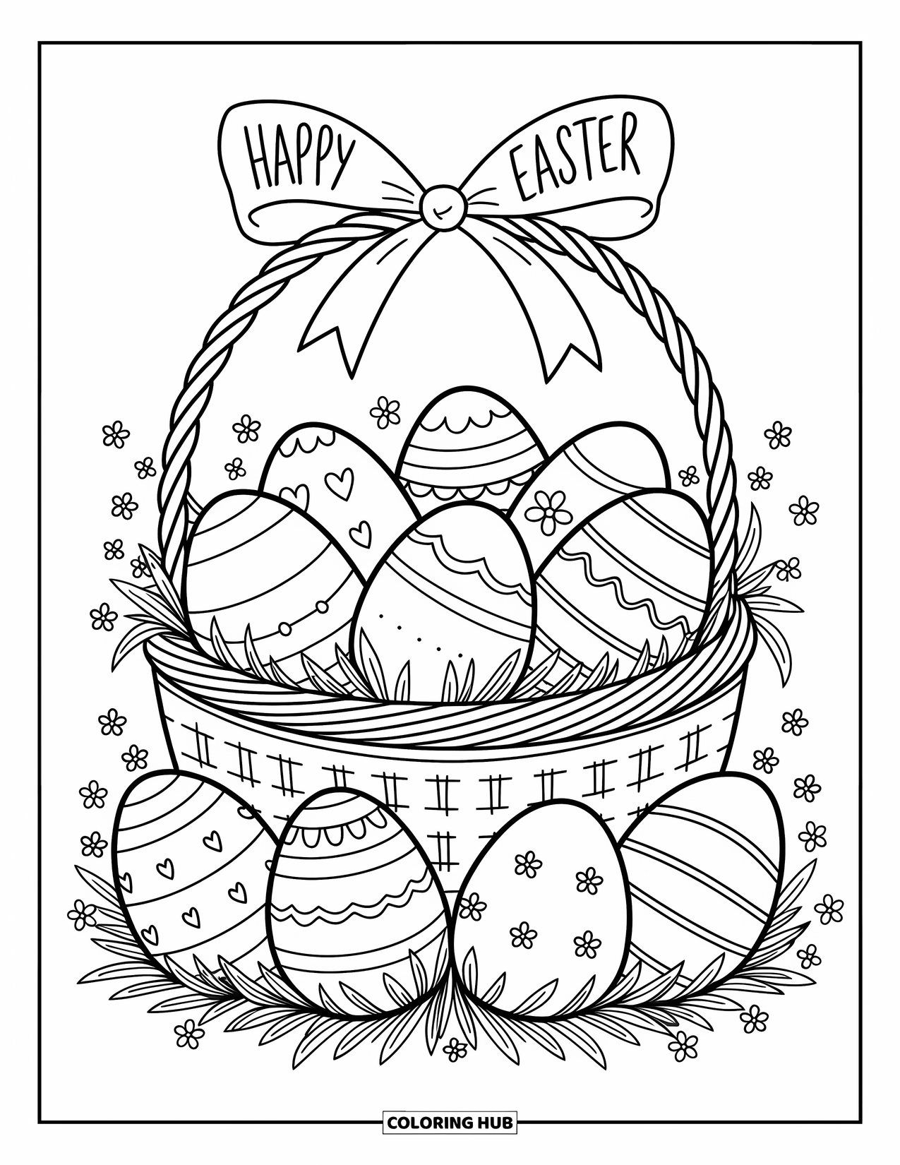 Happy Easter Coloring Page for Adults: Playful Easter eggs with polka dots and stars peek from a ribbon-tied basket on grass
