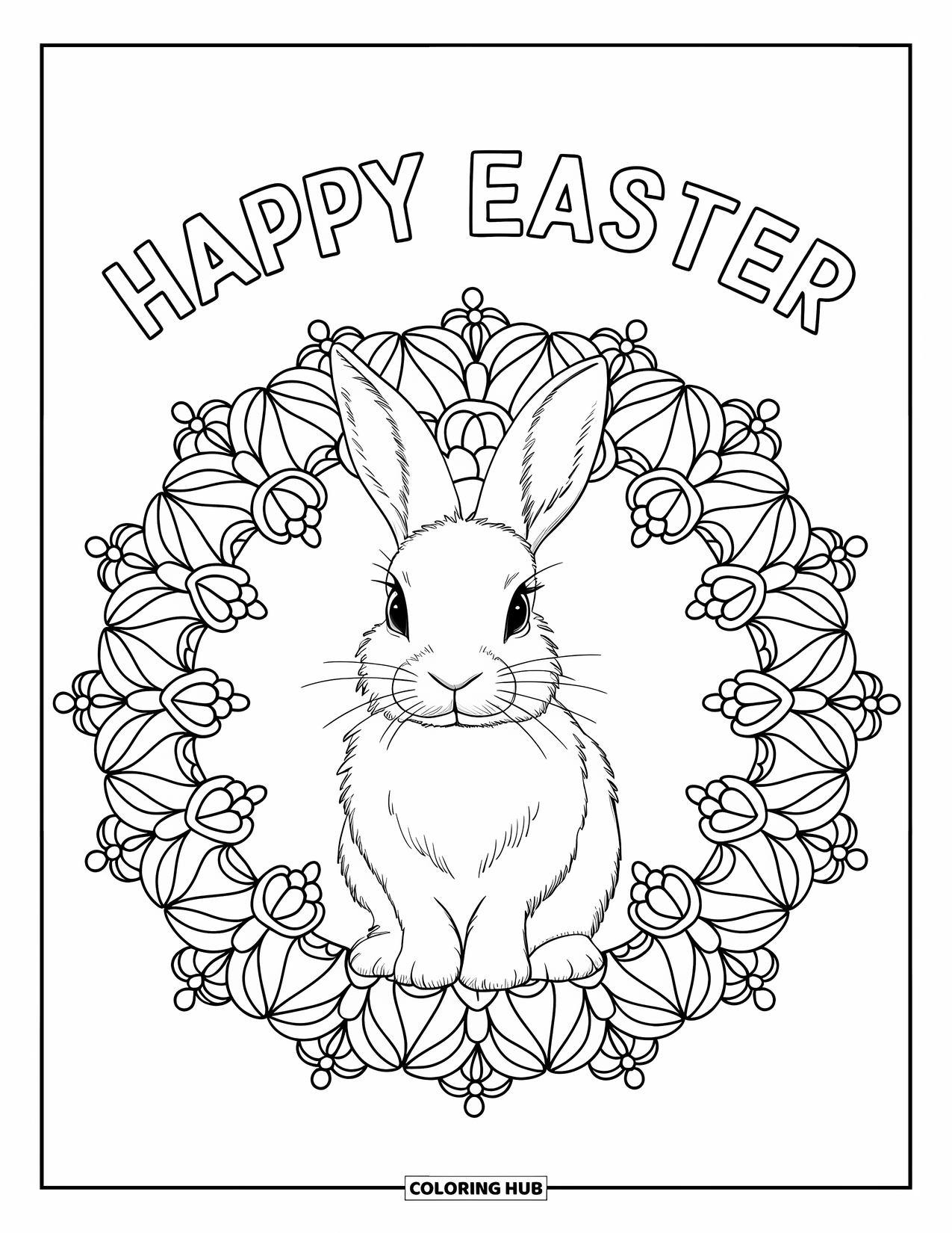 Happy Easter Coloring Page for Adults: Realistic bunny sits calmly under a floral mandala with "Happy Easter" above