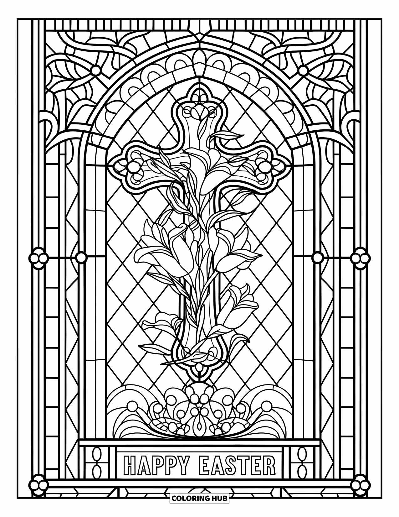 Happy Easter Coloring Page for Adults: Stained glass cross wrapped in lilies and ivy with "Happy Easter" beneath