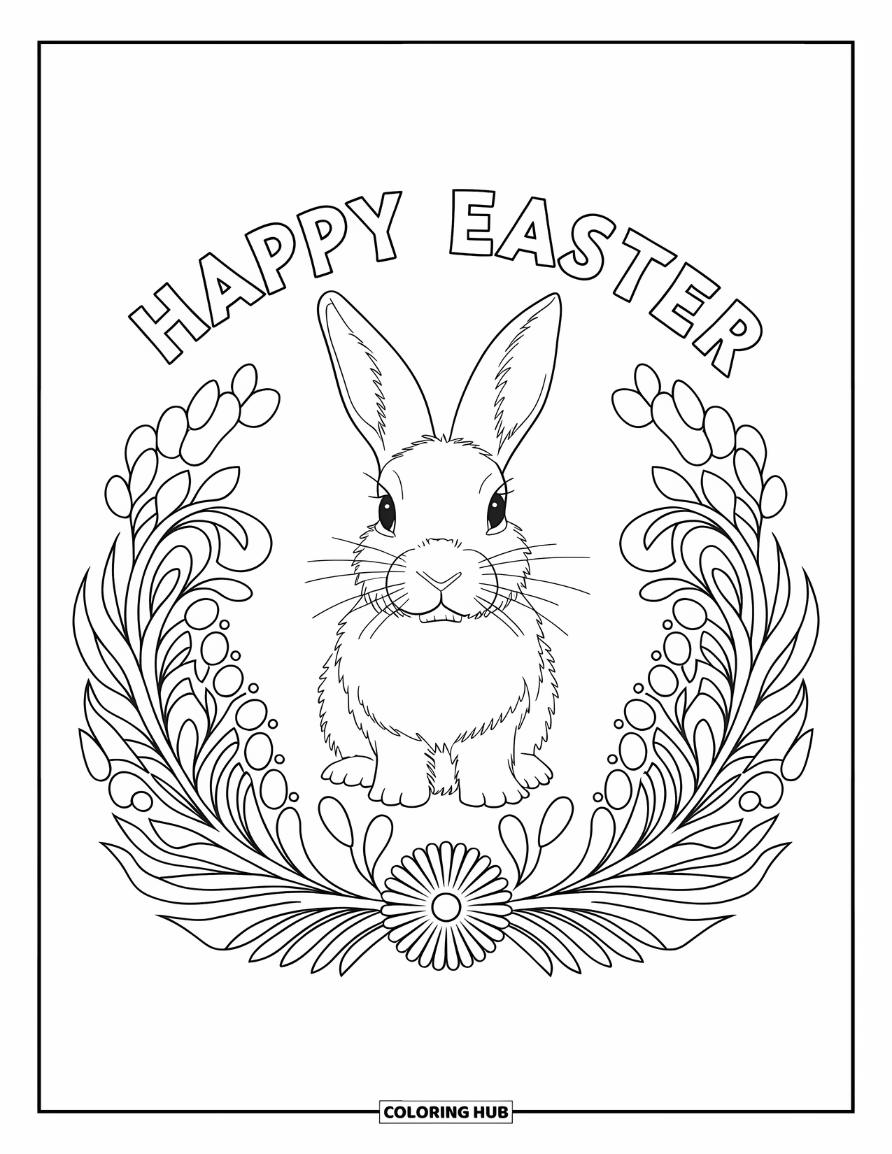 Happy Easter Coloring Page for Adults: Sweet bunny sits in the center of a flower mandala with Easter text above
