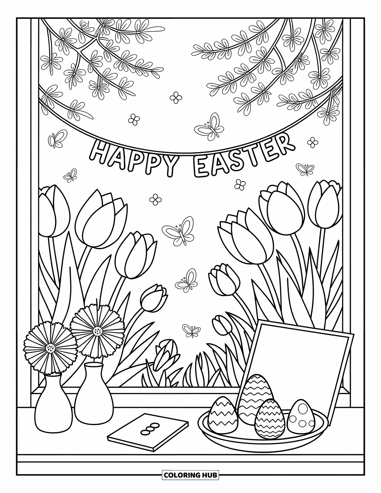 Happy Easter Coloring Page for Adults: Vases, Easter cards, and chocolates sit on a windowsill with a bright garden beyond