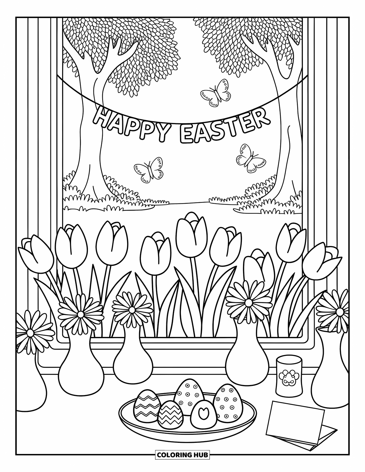 Happy Easter Coloring Page for Adults: Window view shows tulips, butterflies, and a banner that says "Happy Easter"