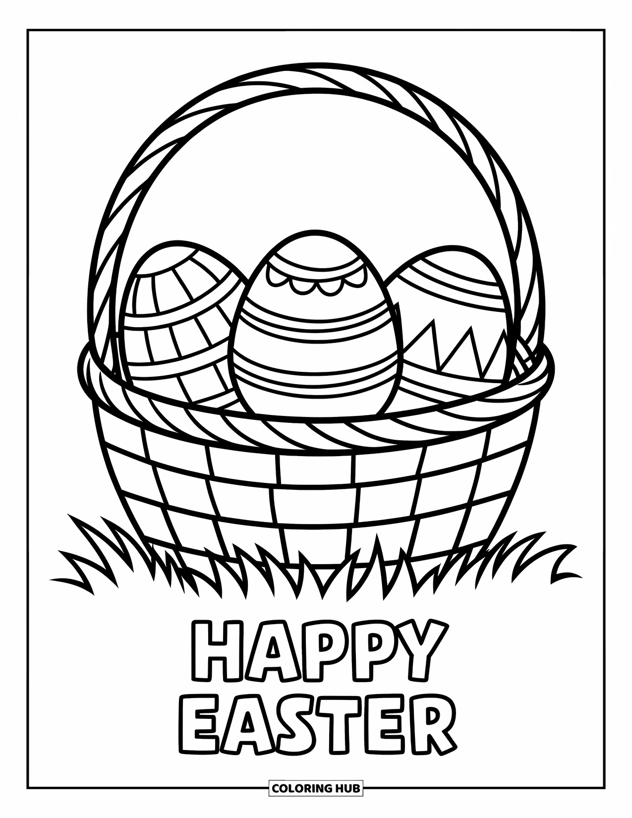 Happy Easter Coloring Page for Kids: Basket with eggs and butterfly sits in a field of grass and flowers