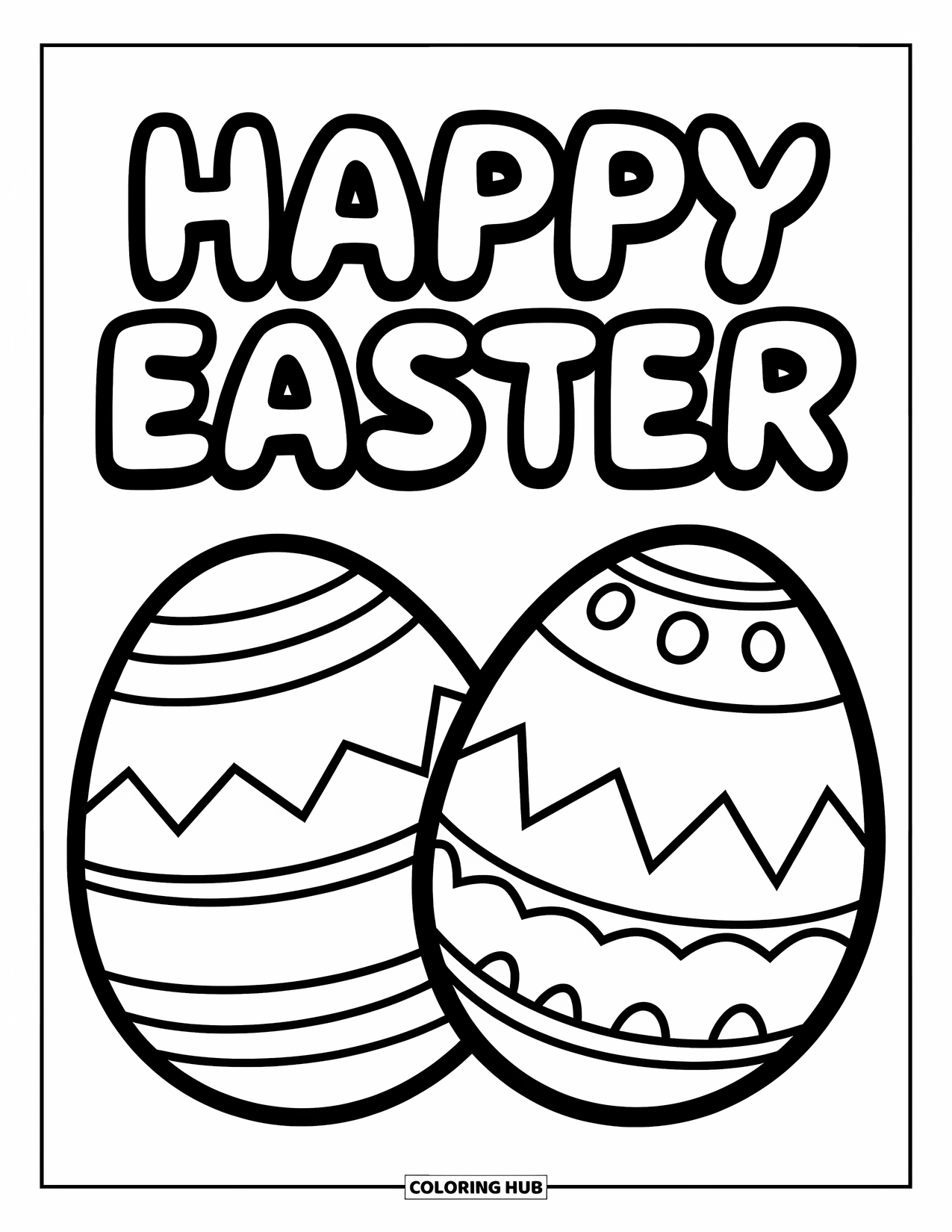Happy Easter Coloring Page for Kids: Bubbly Easter greeting above two patterned eggs on grass