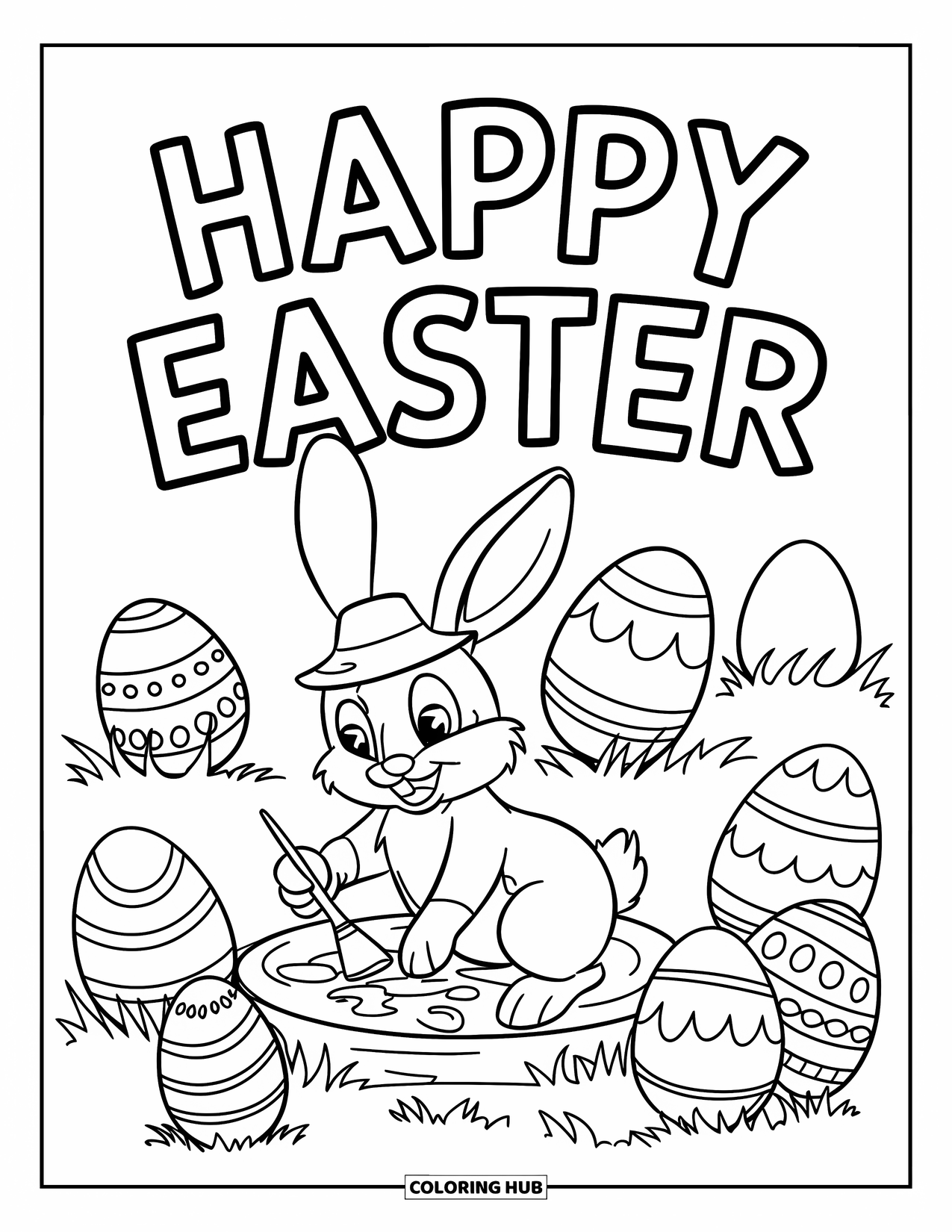 Happy Easter Coloring Page for Kids: Bunny in a green hat paints Easter eggs on a log