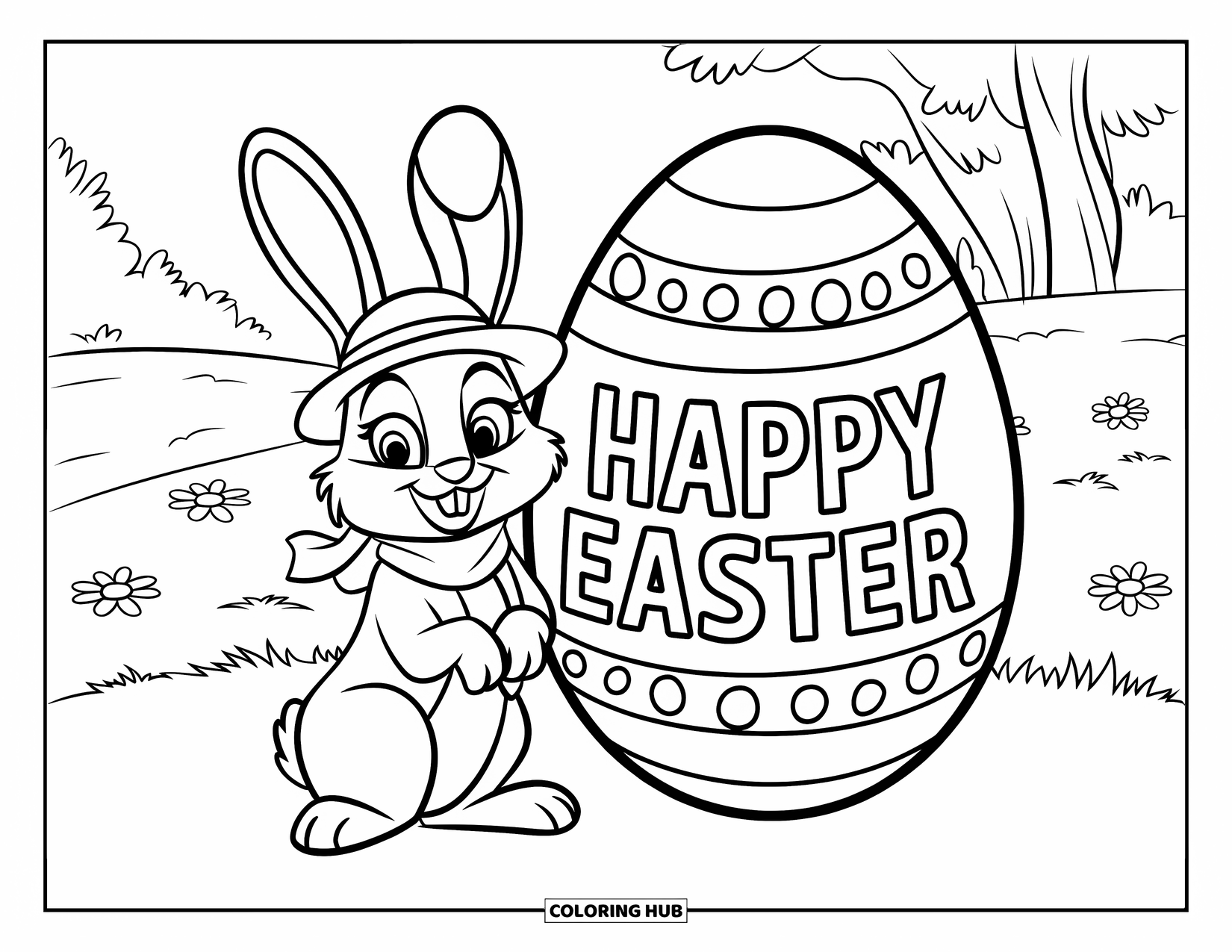 Happy Easter Coloring Page for Kids: Bunny in a hat and scarf sits near an Easter egg on a grassy field