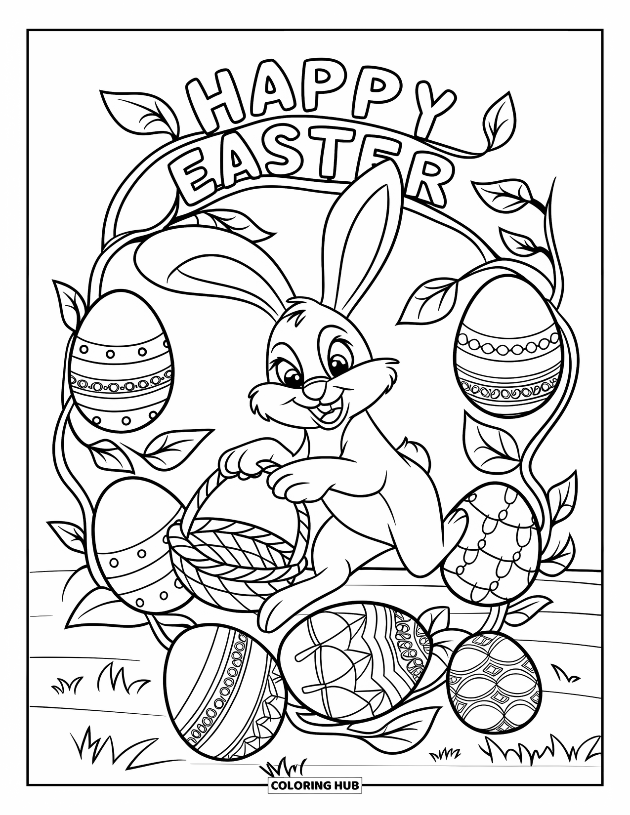 Happy Easter Coloring Page for Kids: Bunny leaps through a wreath with eggs and leaves, holding a basket