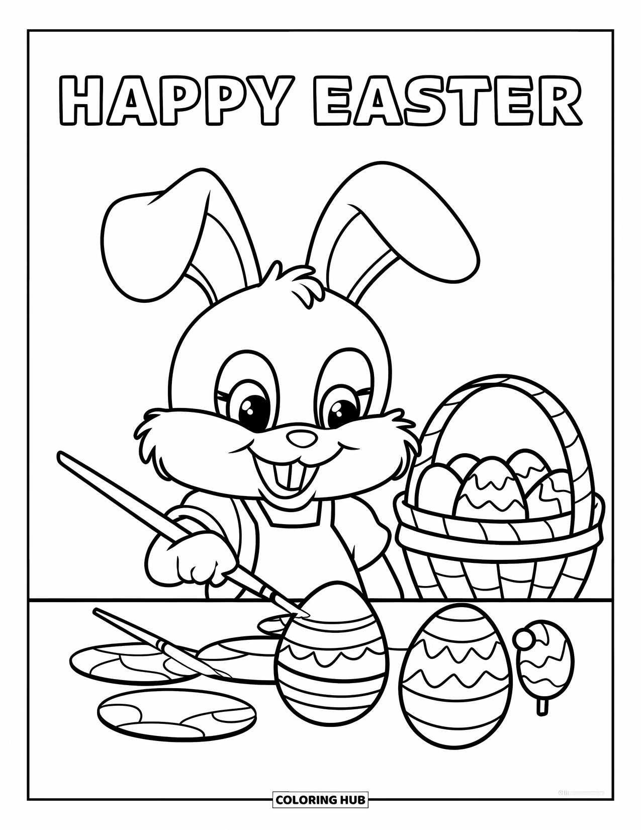 Happy Easter Coloring Page for Kids: Bunny painting eggs beside a basket and lollipop with Easter joy above