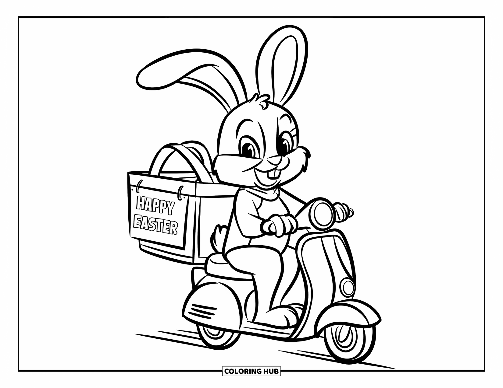 Happy Easter Coloring Page for Kids: Bunny rides a scooter with a basket that says "Happy Easter"