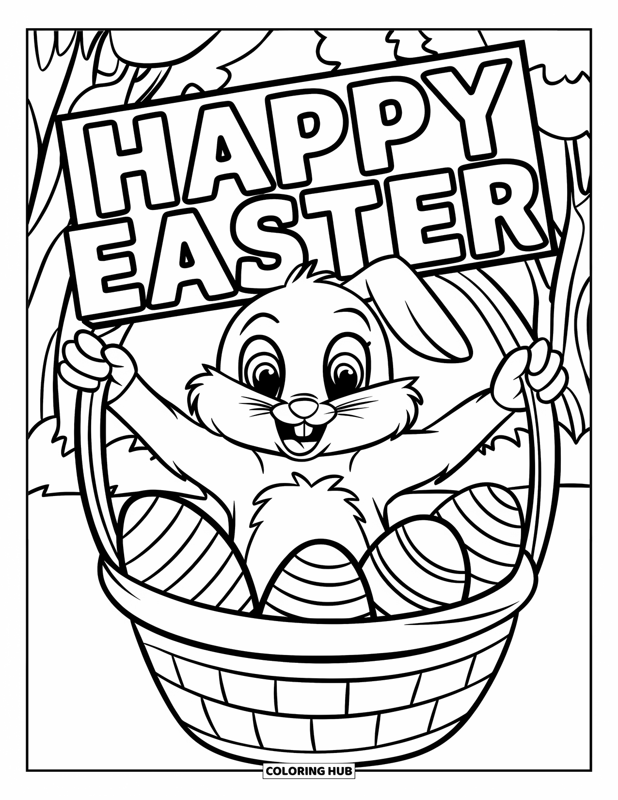 Happy Easter Coloring Page for Kids: Bunny sits in a basket holding an Easter sign with bold letters