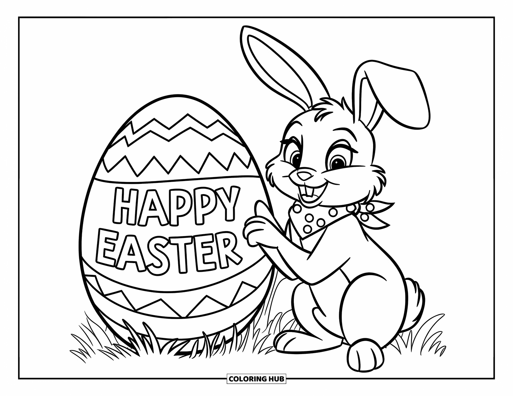Happy Easter Coloring Page for Kids: Bunny with a scarf poses beside a giant striped egg in a green field