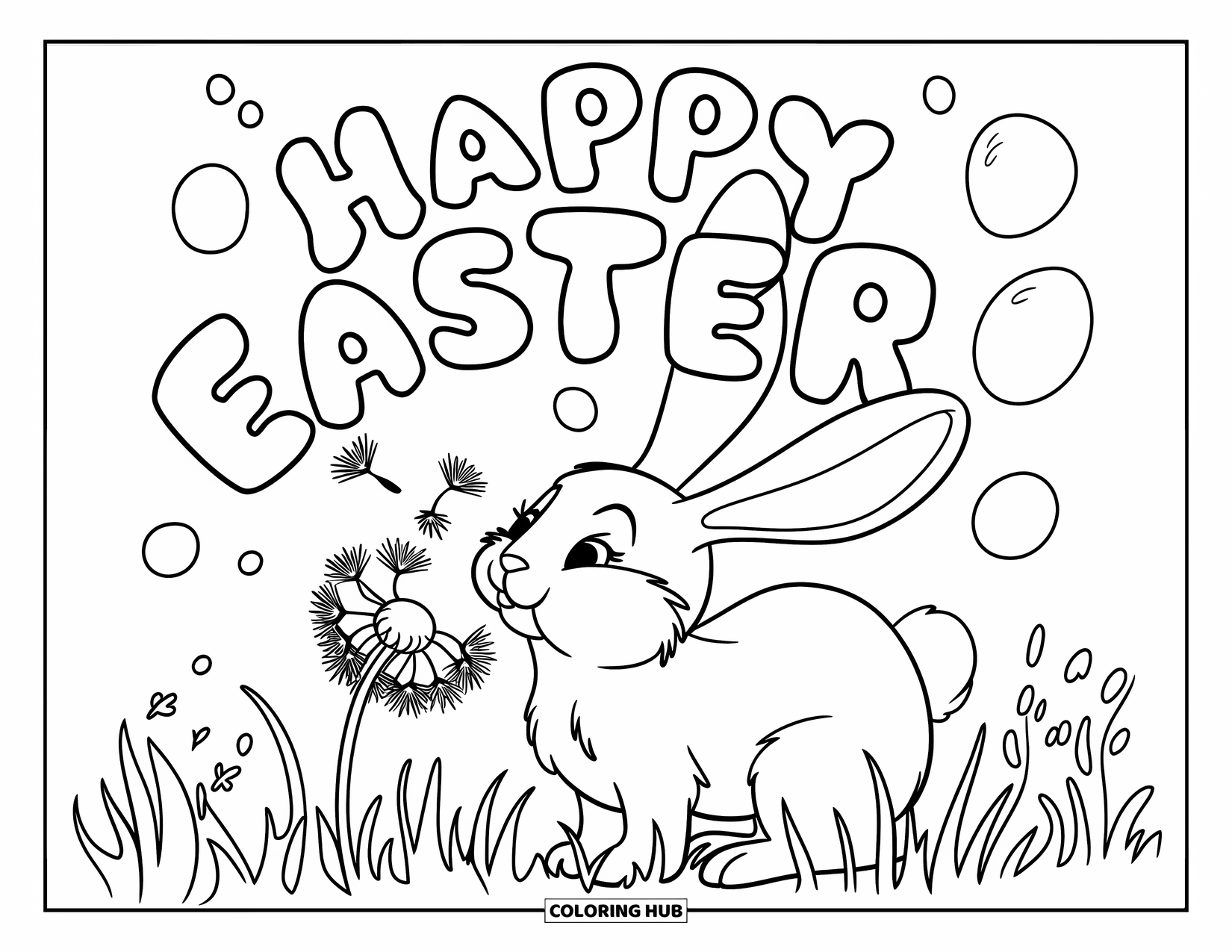 Happy Easter Coloring Page for Kids: Bunny with pink ears blows dandelions and bubbles say "Happy Easter"