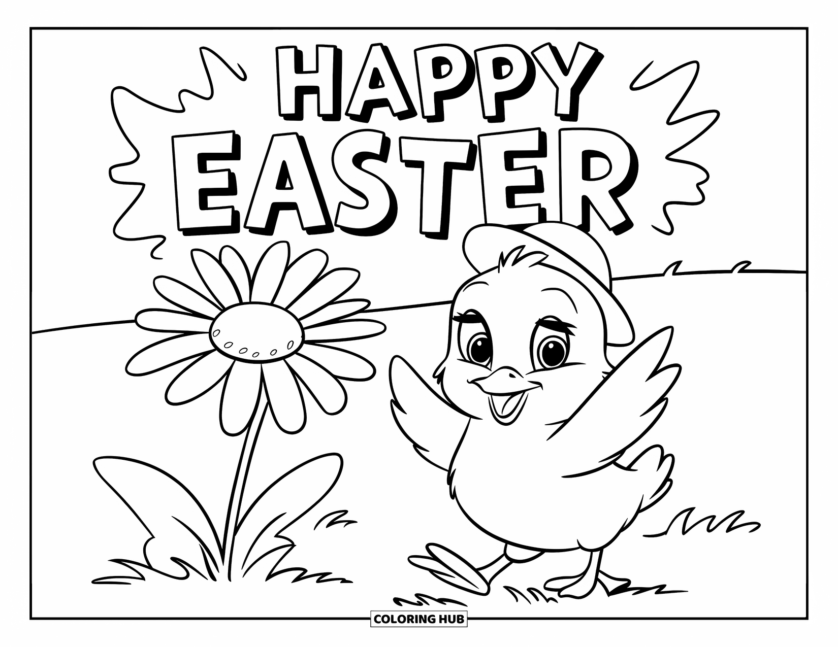 Happy Easter Coloring Page for Kids: Chick in a hat dances happily under a daisy with Easter cheer