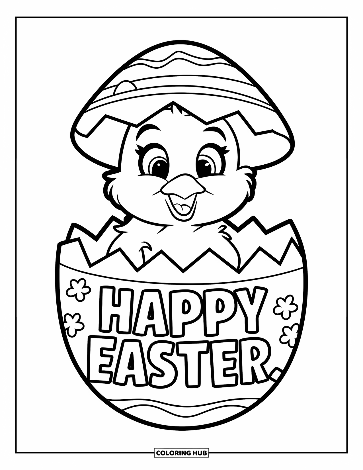 Happy Easter Coloring Page for Kids: Chick in a tiny hat hatches from an egg with a big Easter message